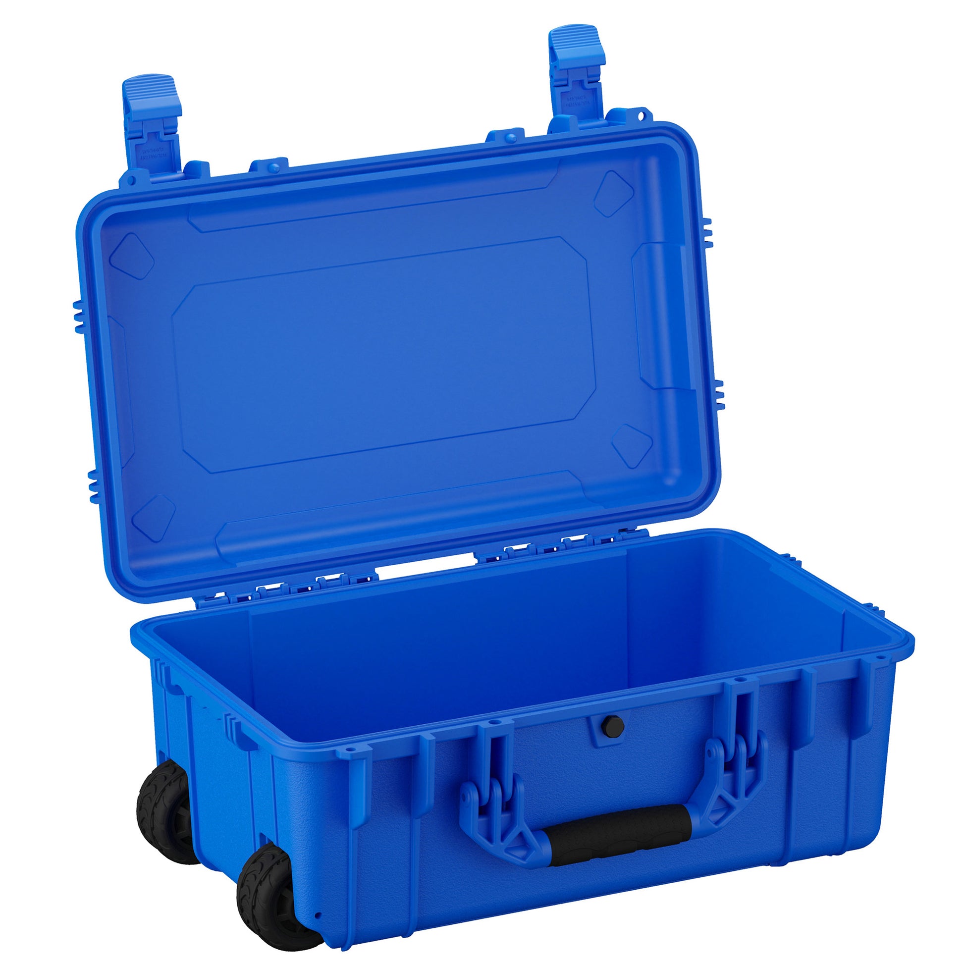 Large 22-inch waterproof hard case with wheels, featuring a blue exterior and an open lid for easy access to storage space.