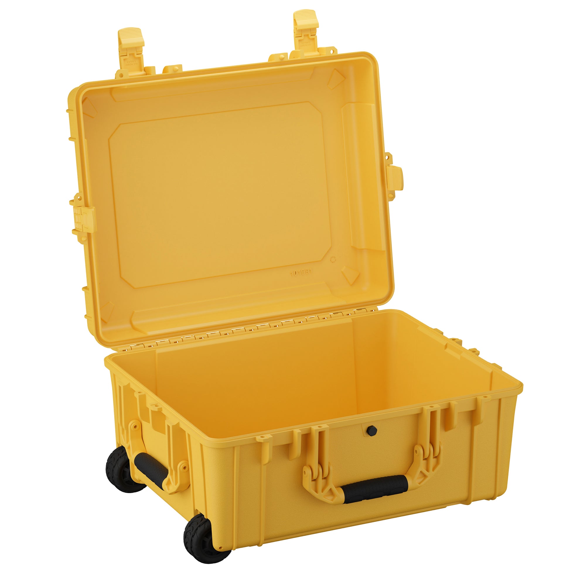 Yellow 25-inch large protective case with wheels, open lid, and sturdy handle for storage and transport.