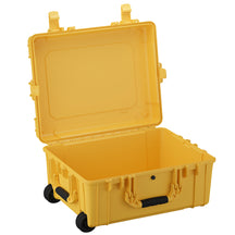 Yellow 25-inch large protective case with wheels, open lid, and sturdy handle for storage and transport.