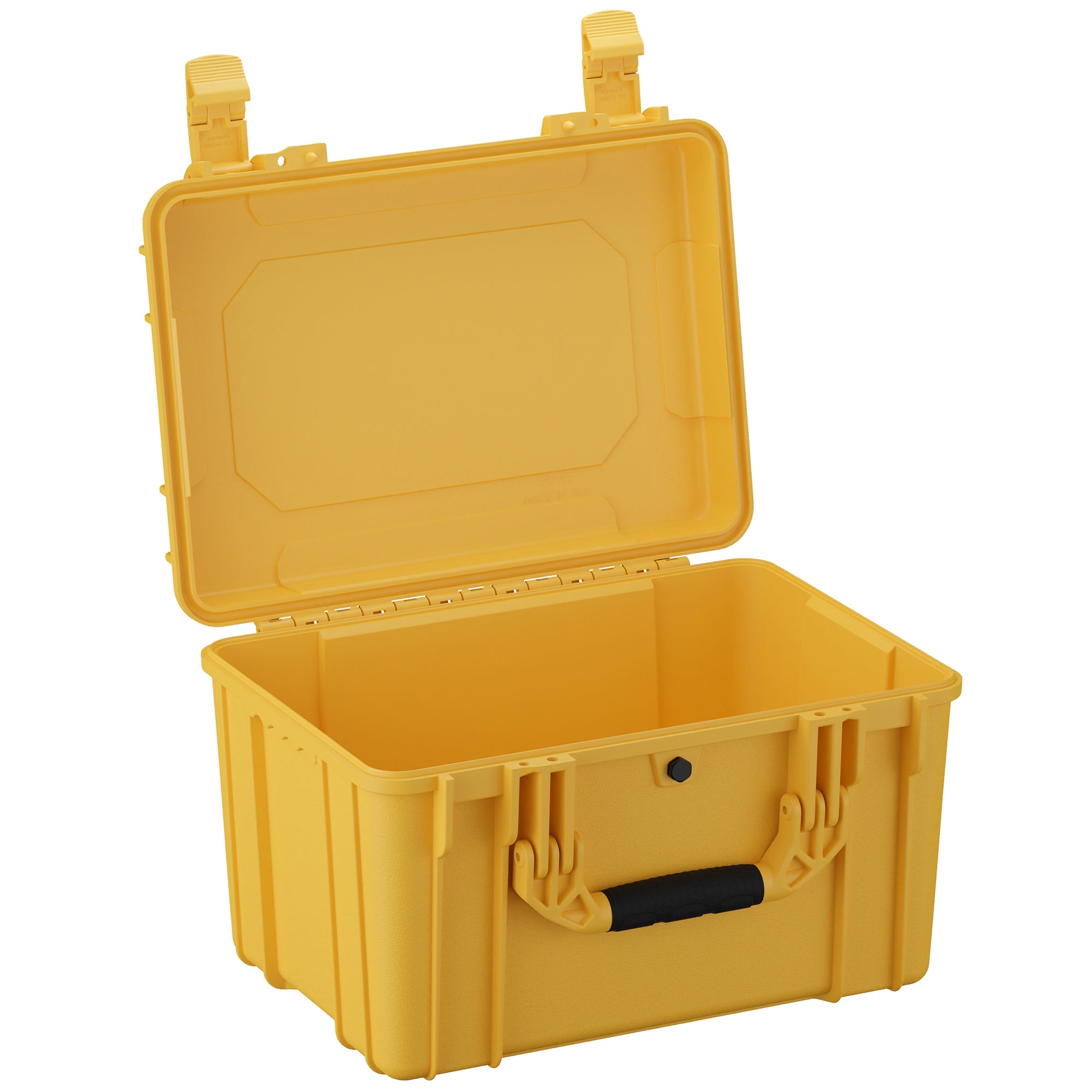 Open yellow 18-inch medium case with black handle, sturdy latches, and spacious interior for storage or transport.