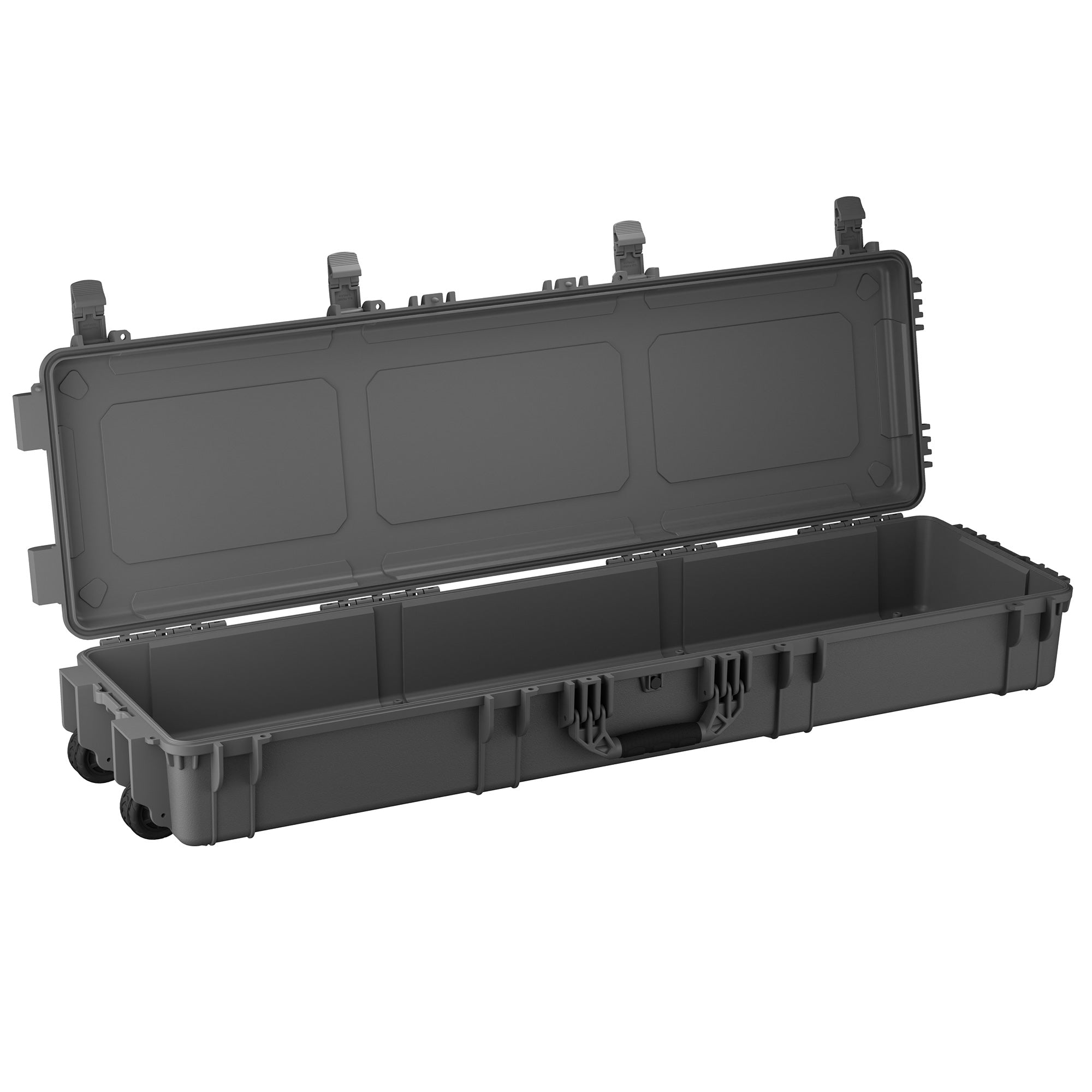 Open black 55-inch long protective case with wheels, interior compartments, and secure latches.