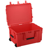 Red 33-inch large protective case (#2152) with open lid and black rolling wheels, featuring sturdy handles and a durable, textured exterior.