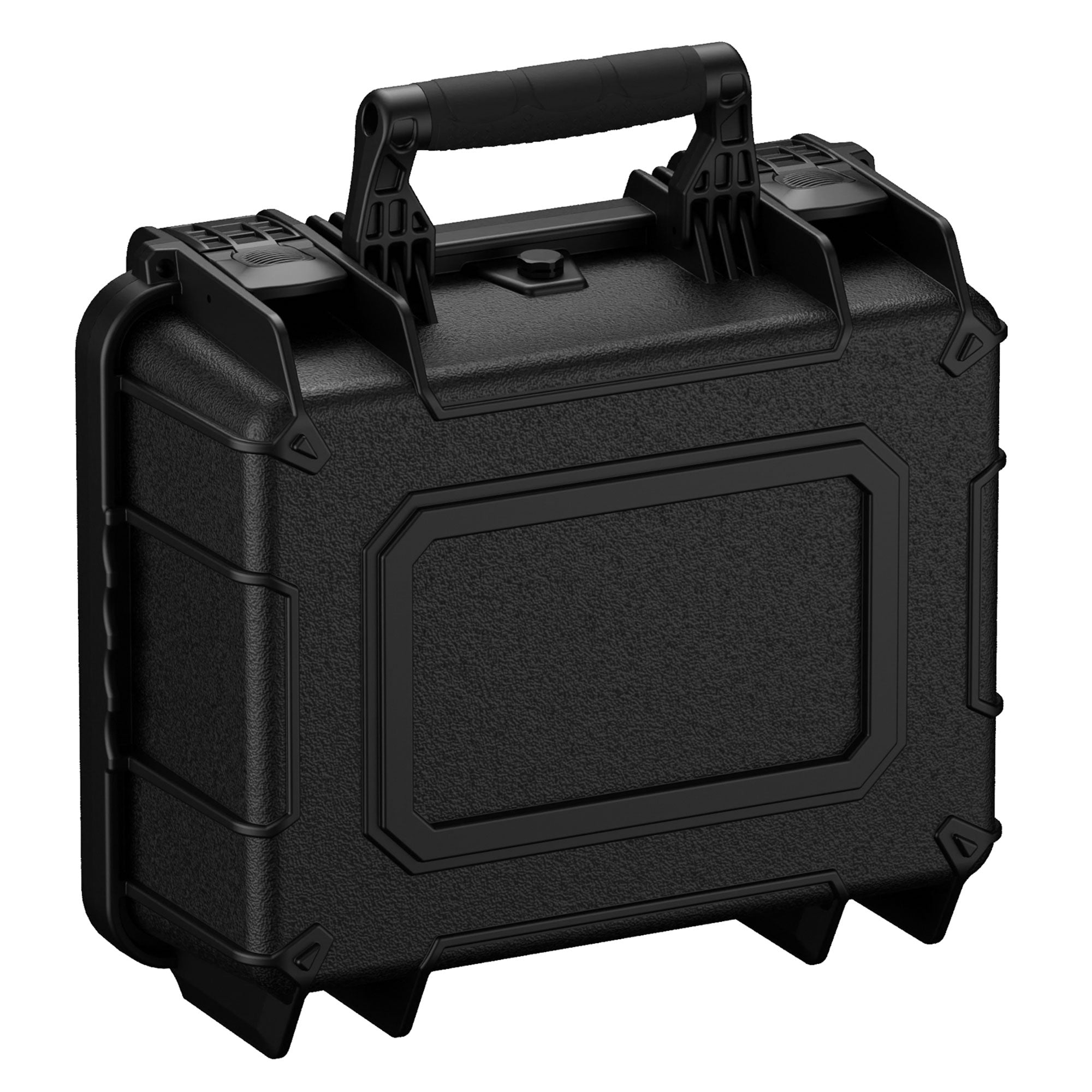Alt text: "Black 14-inch rugged micro gun case #075 featuring dual latch closures, a robust handle, and reinforced corners for enhanced durability and protection."