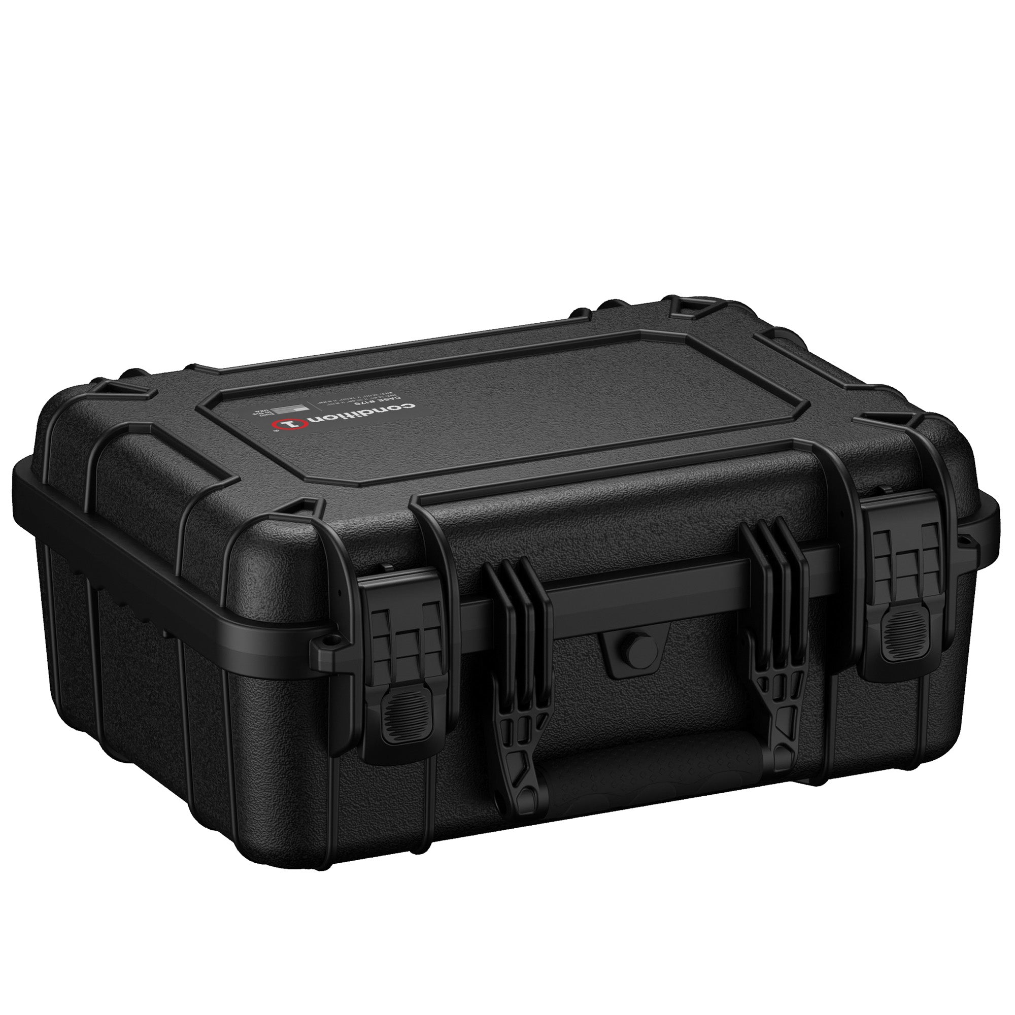 Alt text: "Condition 1 16-inch medium black protective hard case, model #179, featuring dual locking latches and rugged textured exterior for secure item storage and transport."