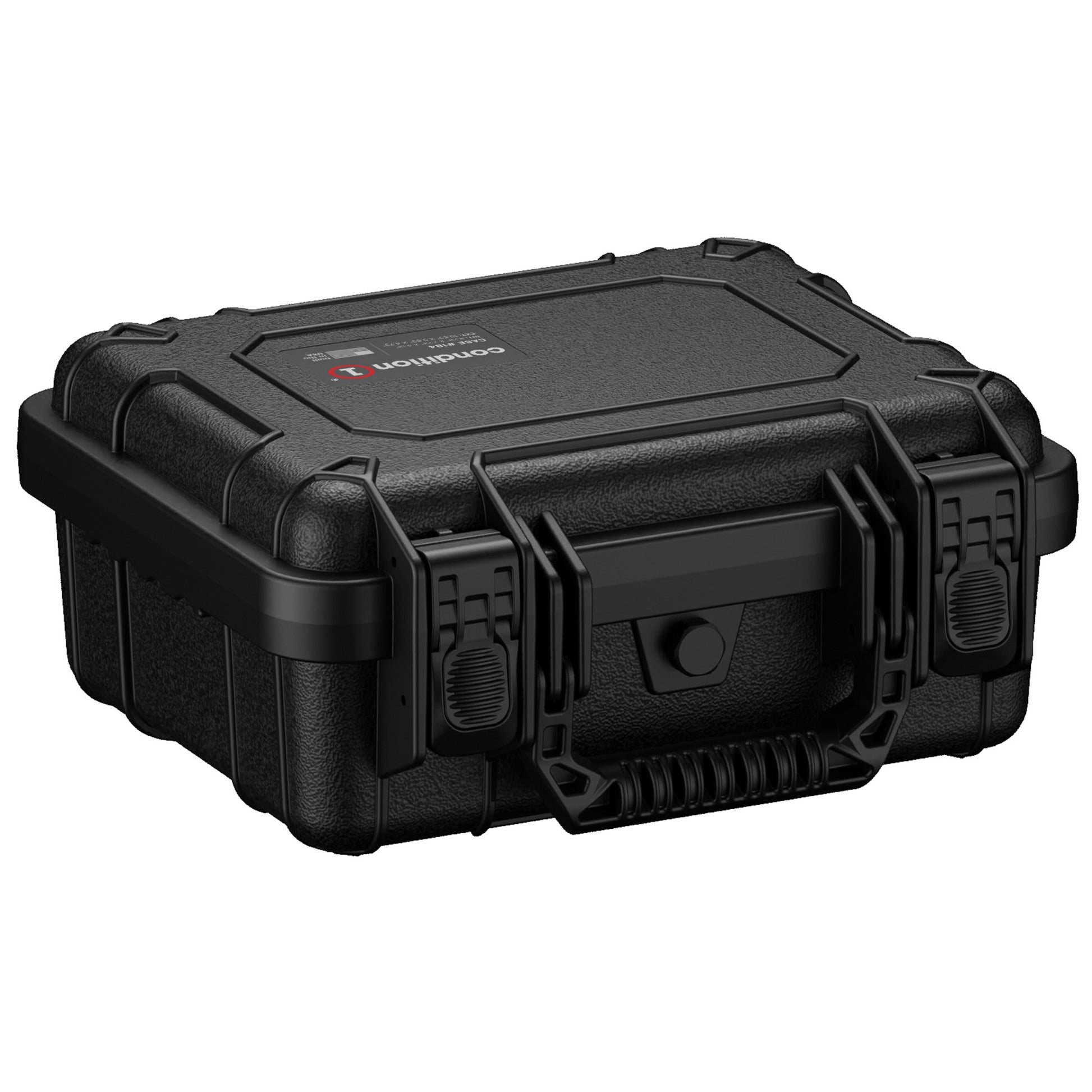 Alt text: "Small, rugged black protective case, branded with the Condition 1 logo, featuring robust handles and secure latches, designed for durability and safe transport of sensitive equipment, 11-inch model #184."