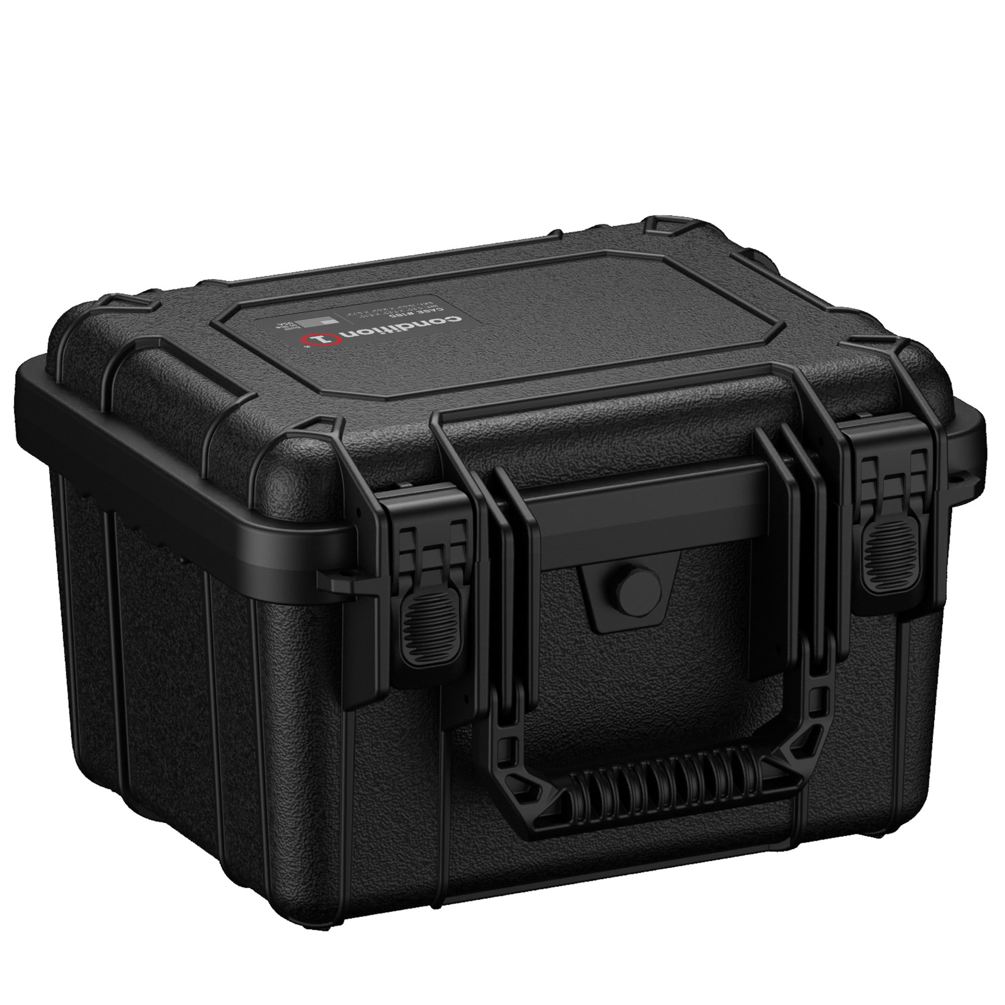 Alt text: "Black rugged small case, 11 inches, featuring durable latches, a handle, and logo on top, designed for secure and protective storage."