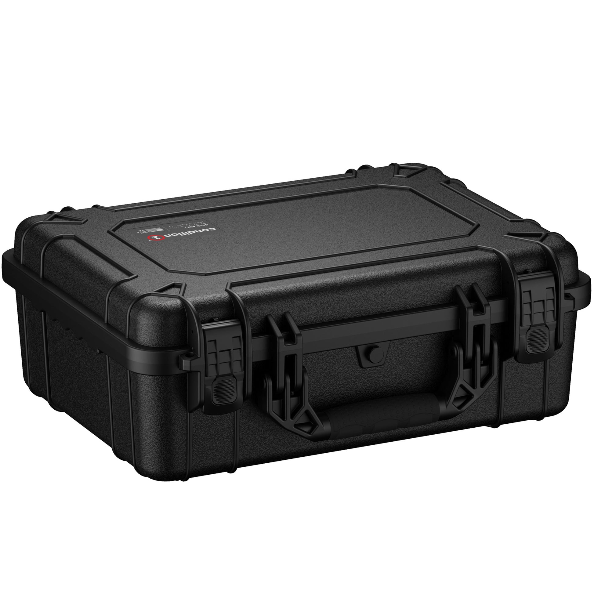 Alt text: "Black 20-inch large rugged protective case with dual locking clasps, designed for durability and secure transport, featuring a branded logo on the lid."