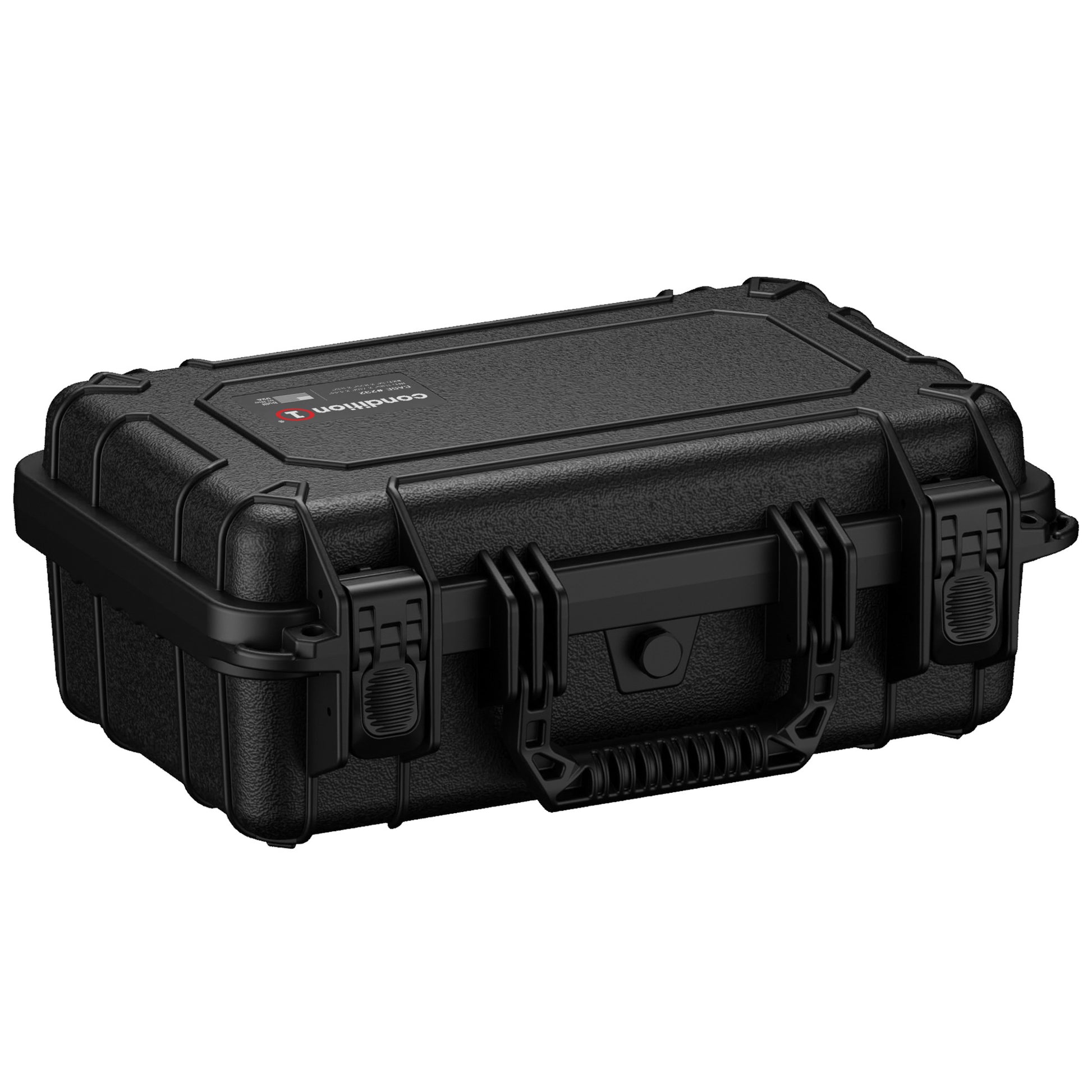 Black 13-inch small protective hard case with robust handles and secure latches, featuring a logo on top.