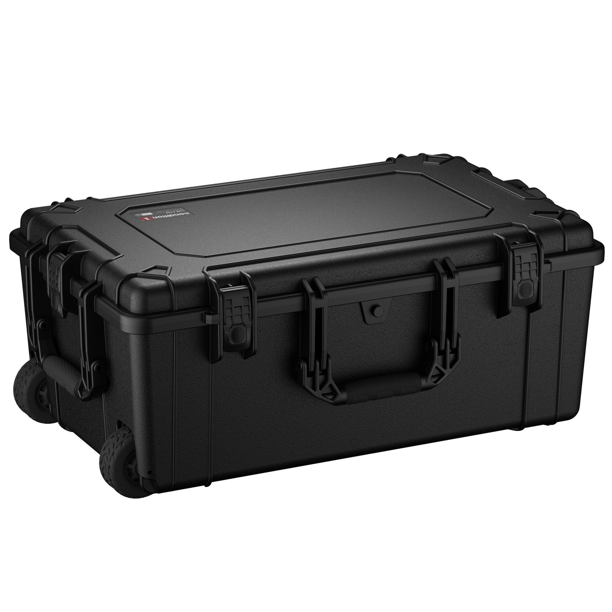 Alt text: "Black 31-inch large protective hard case on wheels with sturdy side handles and dual locking clasps, model #1258."