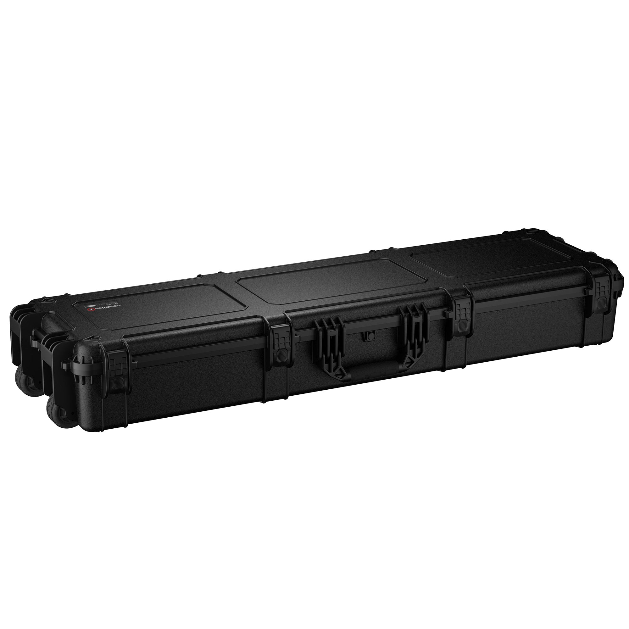 Black 55-inch three-shotgun case with wheels, latches, and protective exterior for secure firearm transport.