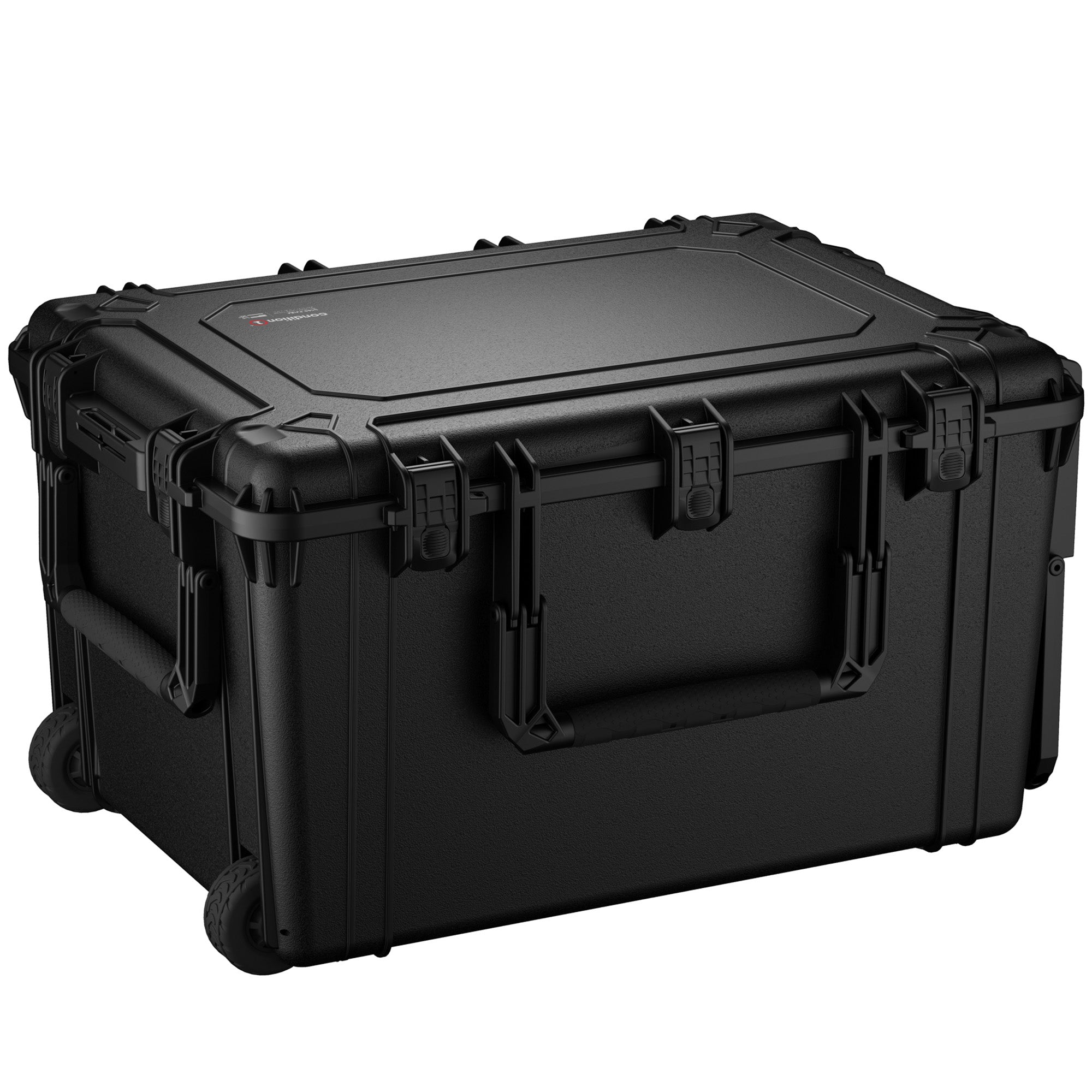 Alt text: Black protective hard case, model #2152, measuring 33 inches with multiple latches and wheel attachments for mobility.
