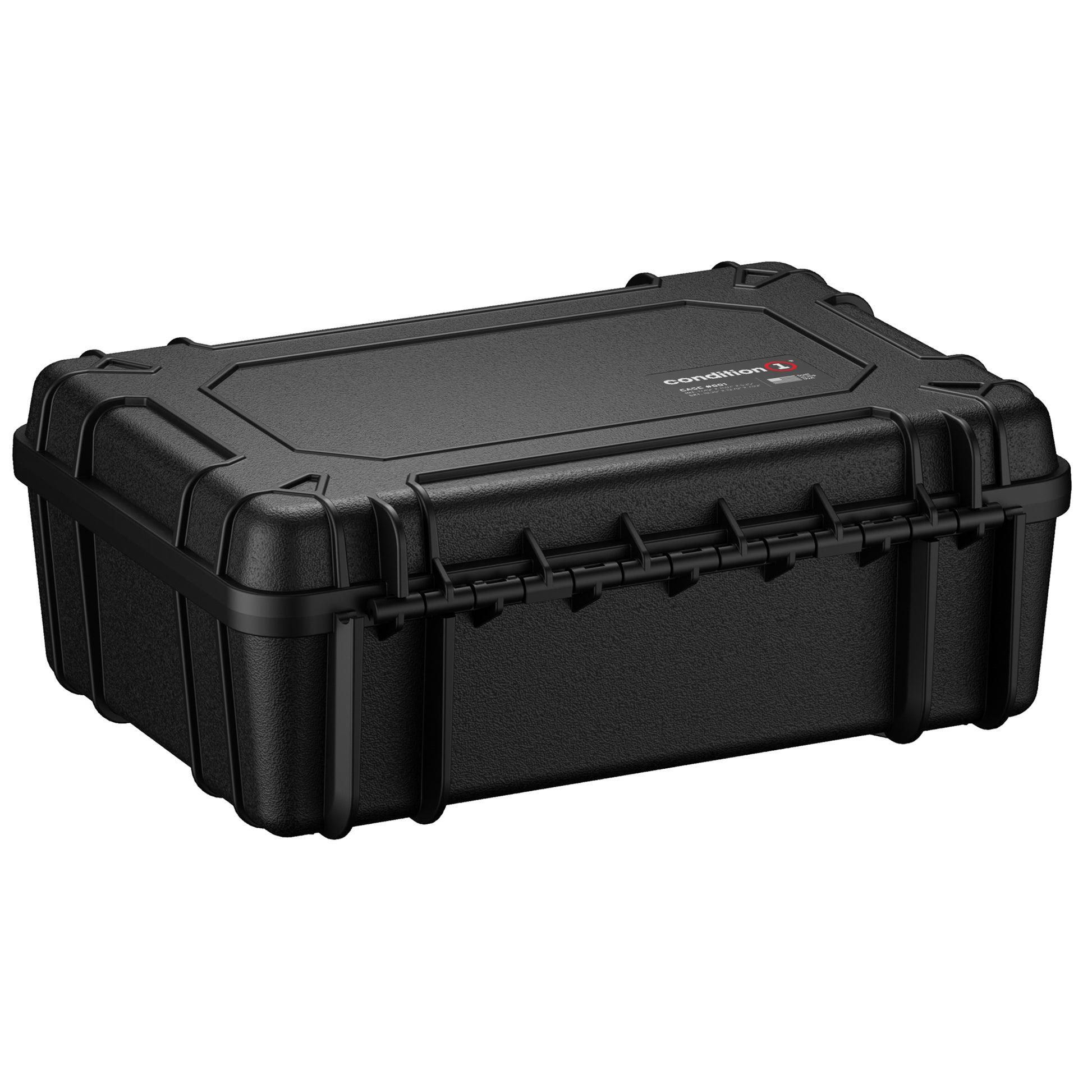 Alt text: Condition 1 18-inch black 50 Mag hard case, model #801, featuring a rugged exterior, secure latches, and a logo on the top center.