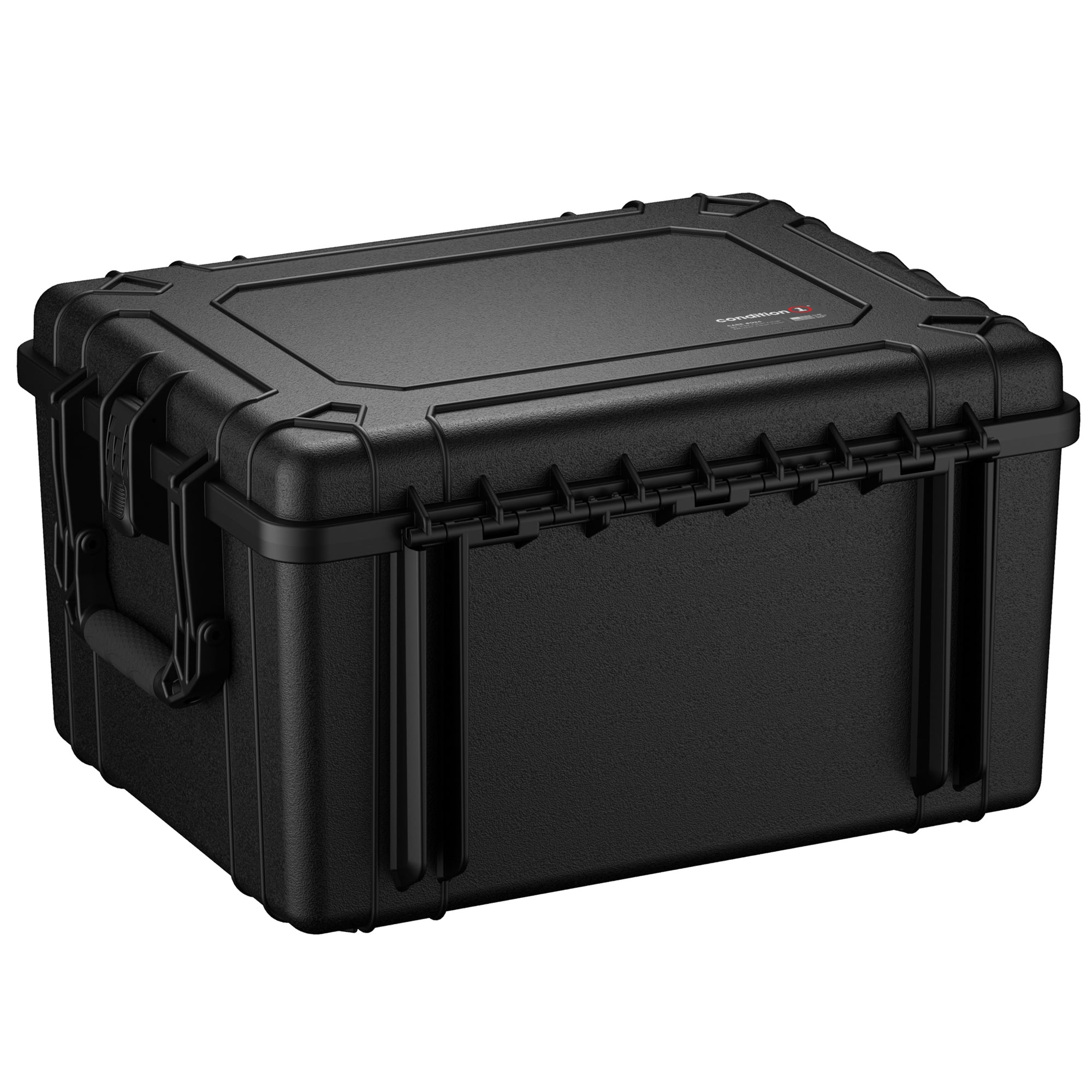 Black 25-inch rugged protective hard case with durable handles and secure latches, ideal for storing and transporting sensitive equipment.