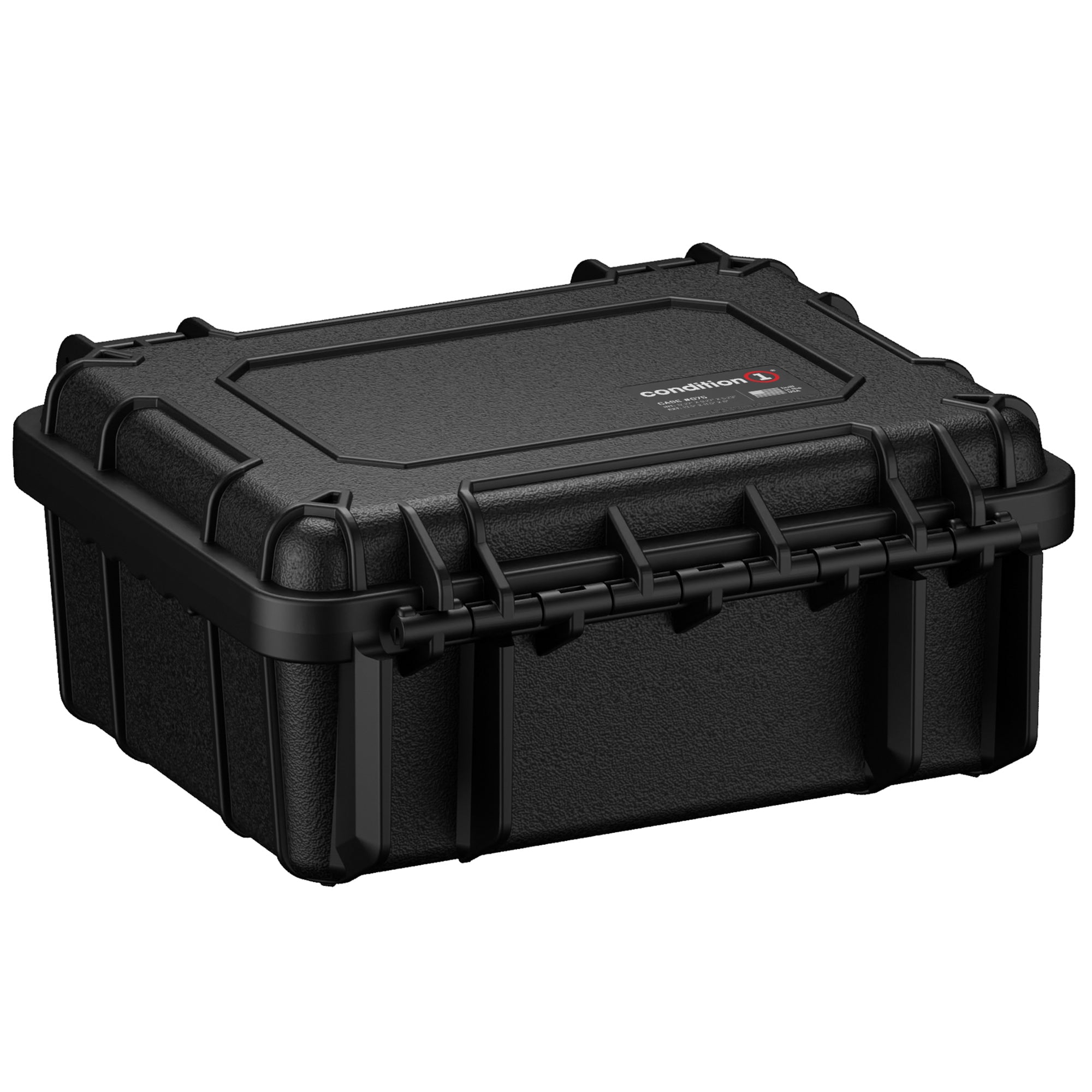 Alt text: "Condition 1 14-inch model 075 black micro gun case with sturdy handles and reinforced lockable clasps, featuring a rugged textured exterior."