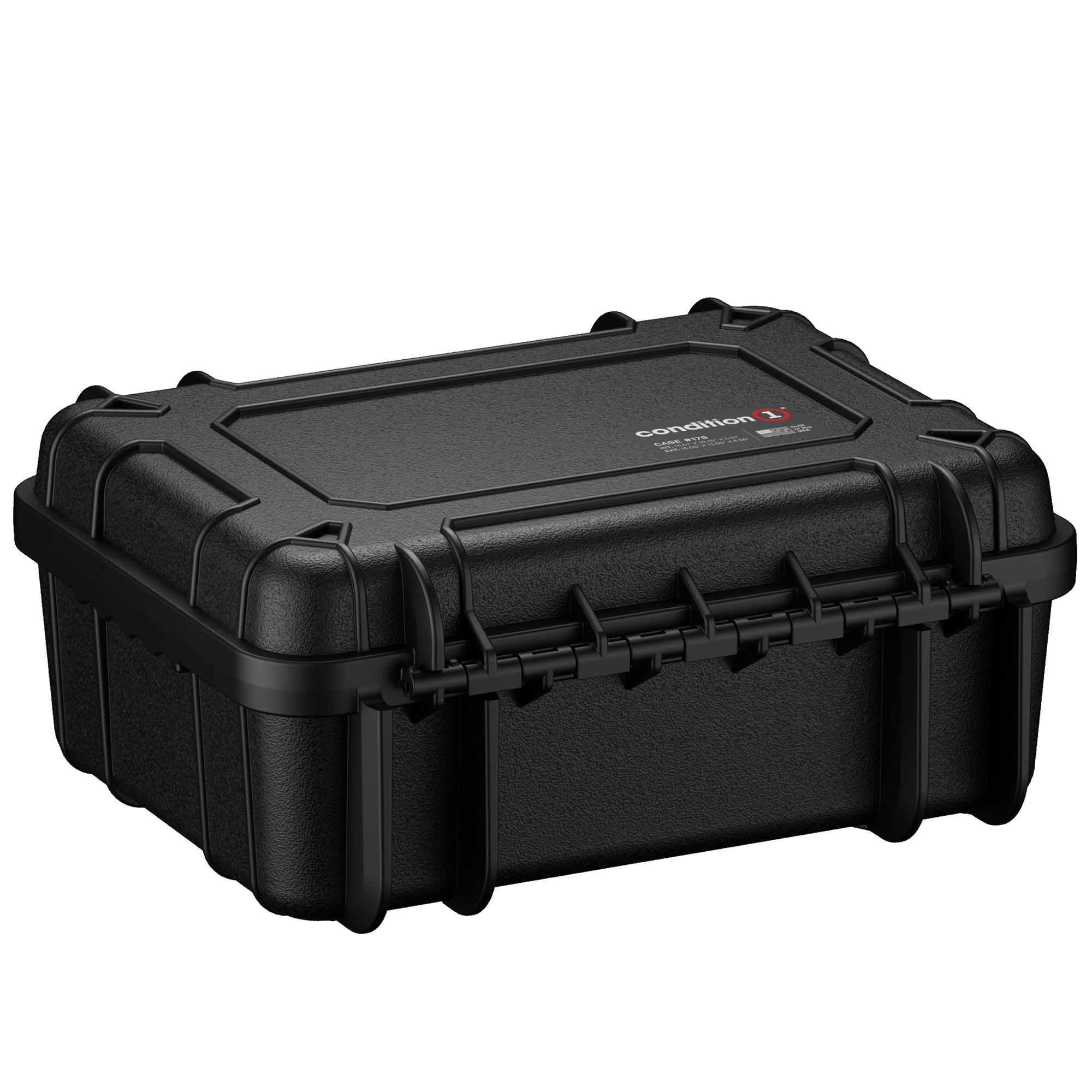 Alt text: "Condition 1 black 16-inch hard pistol case, model 179, designed for securely storing two pistols, featuring sturdy latches and reinforced corners."