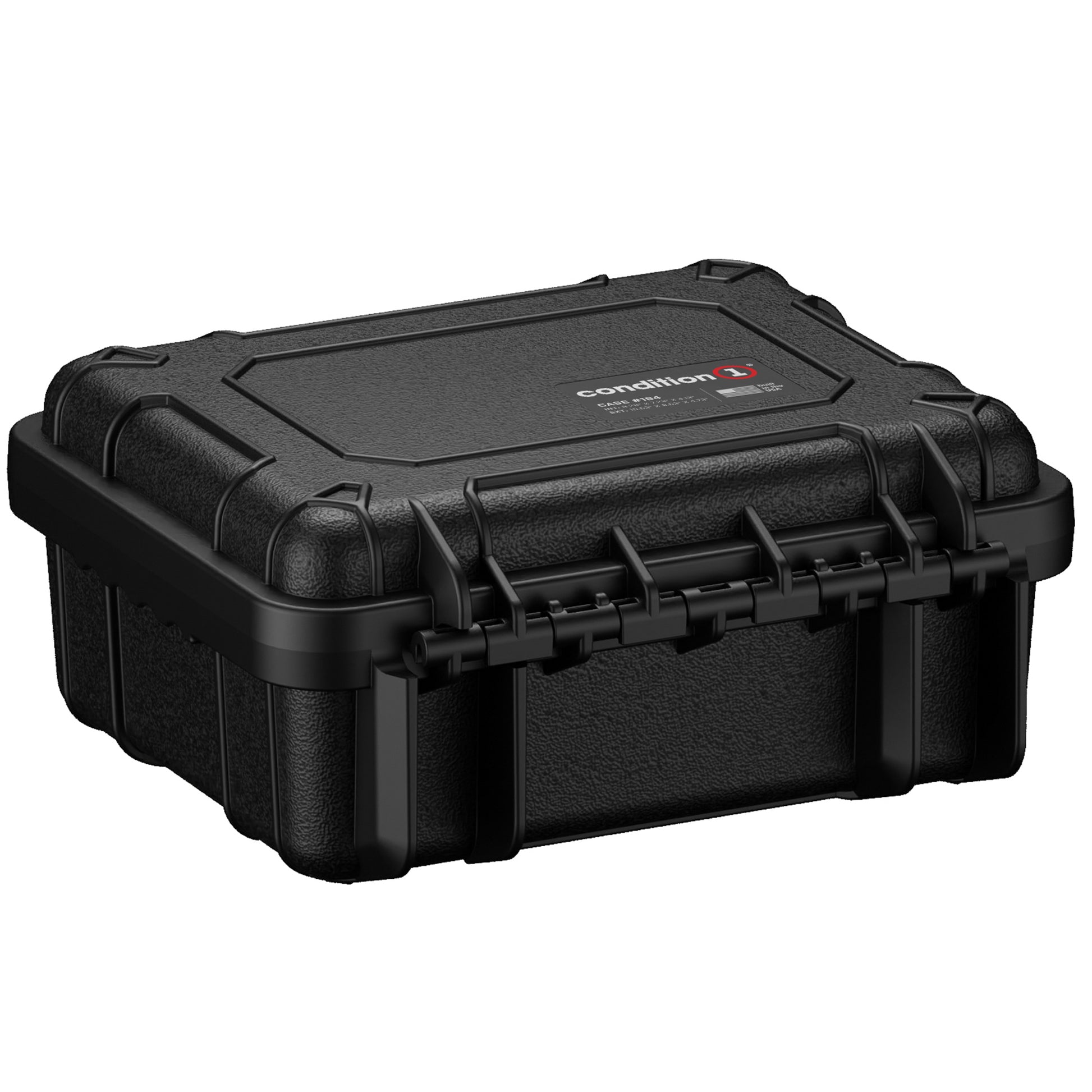 Alt text: "Condition 1 black protective hard case, model Small Case #184, featuring rugged exterior, durable clasps, and company logo on the top."