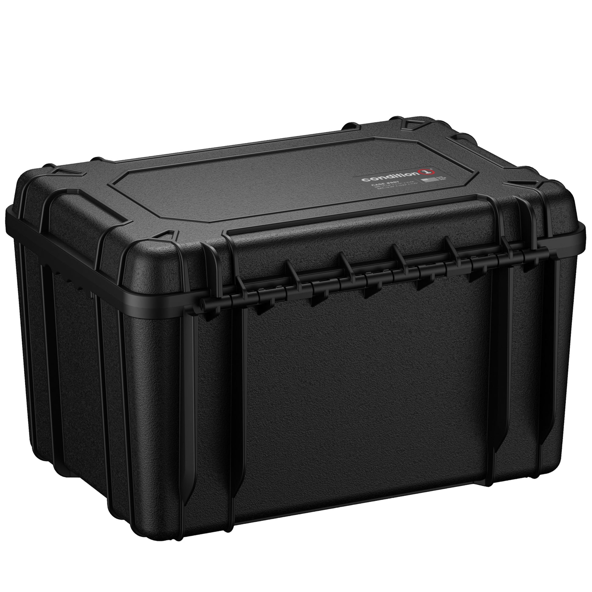 Alt text: Black 18-inch Condition 1 hard pistol case model #997, featuring a rugged exterior, secure clasps, and logo branding on the top.