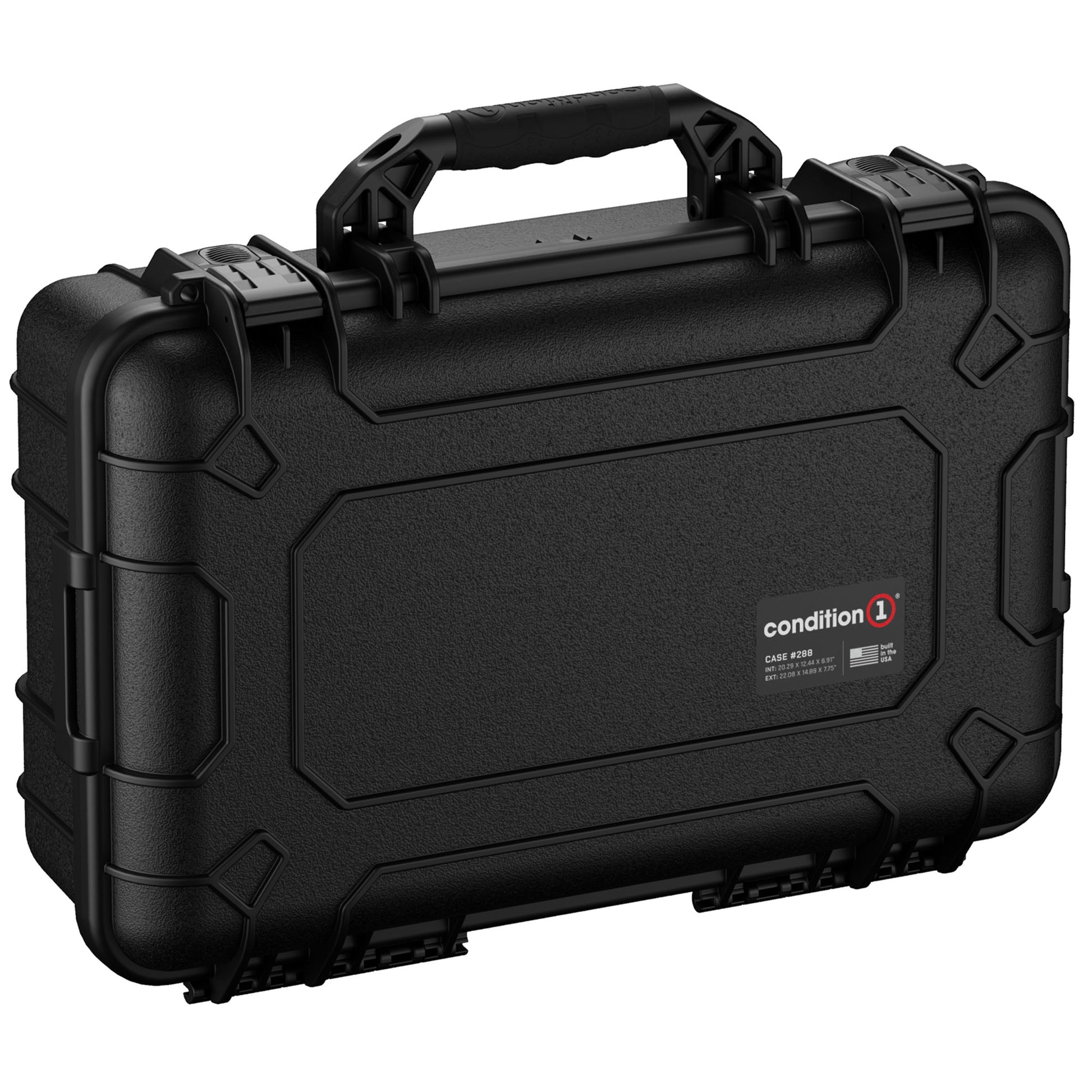 Alt text: Black Condition 1 large protective hard case, model #288, 22 inches in size, with durable handle and secure latches, isolated on a white background.