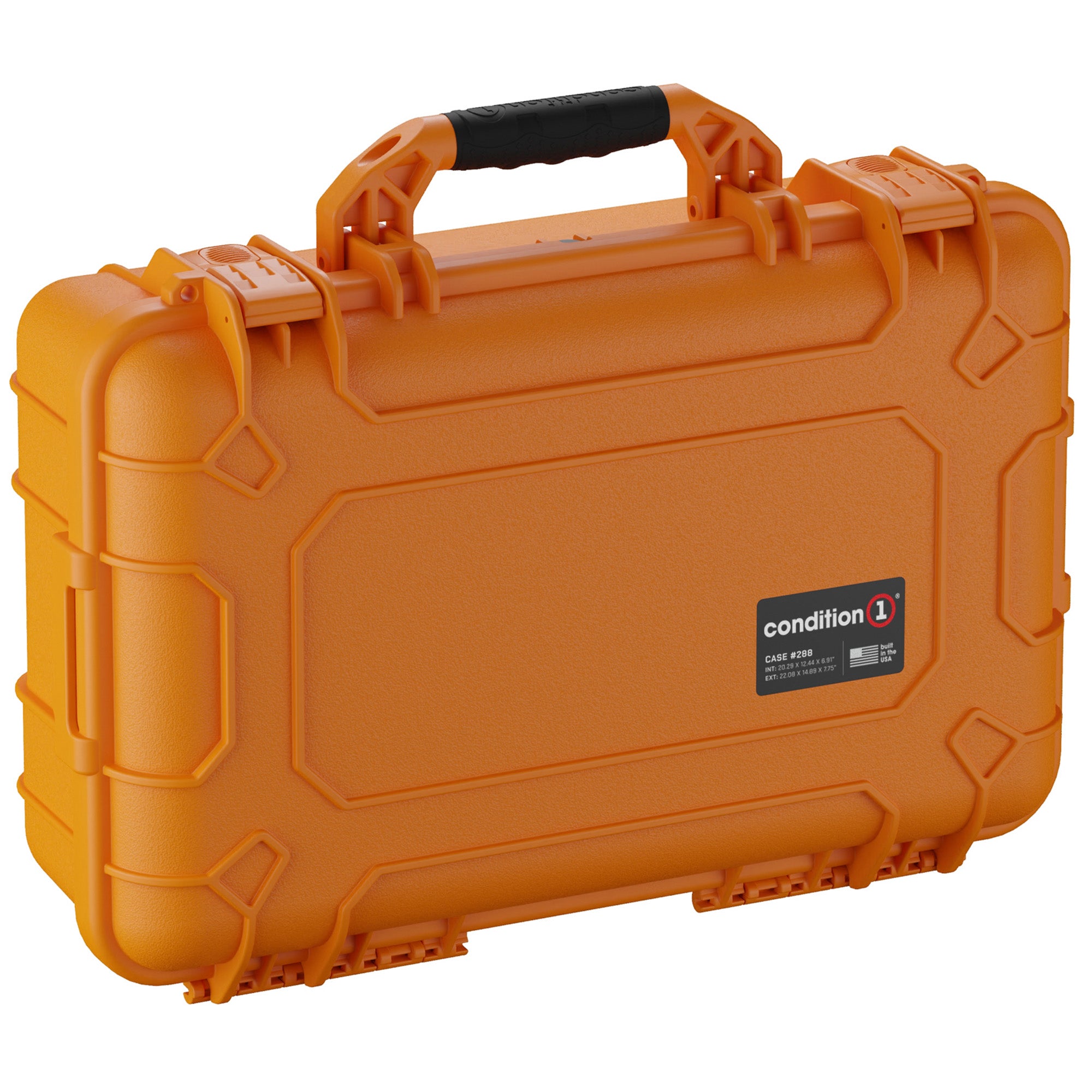 Orange 22-inch large rugged protective case with sturdy handle and secure latches, labeled "Condition 1 Case #288".