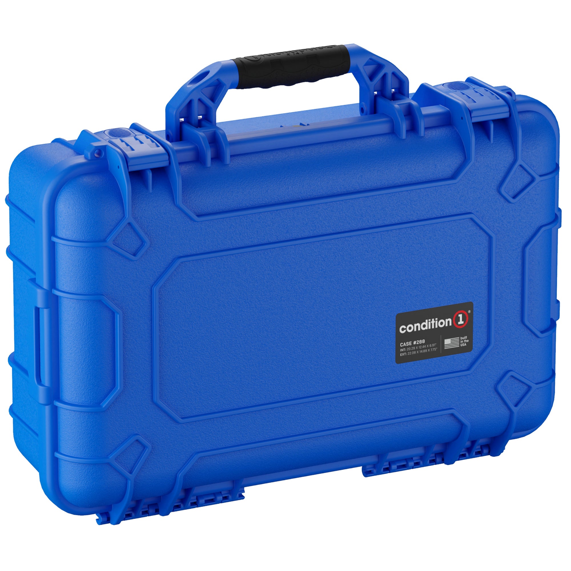 Alt text: "Blue hard-shell protective case, model Condition 1 #288, designed to secure and transport three pistols, featuring robust handles and reinforced edges for added protection."
