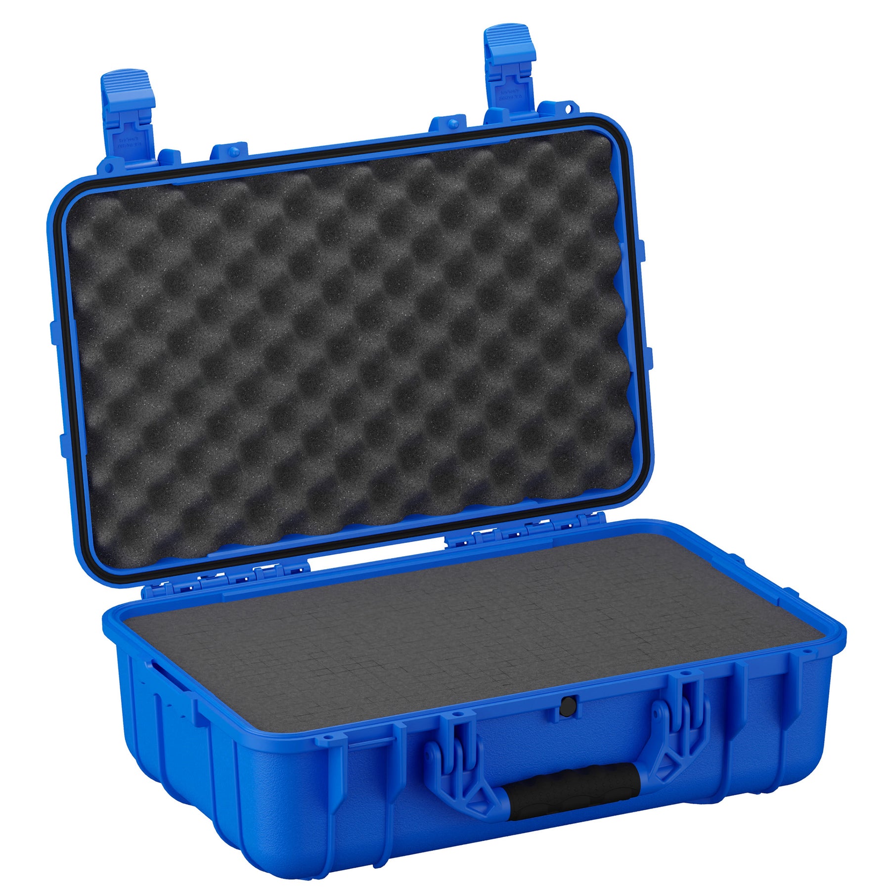 Alt text: Open view of a large 22-inch blue protective case with sturdy hinges and foam inserts on both the lid and base, designed for securely storing and transporting sensitive equipment.