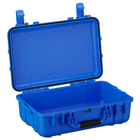 Bright blue, 22-inch large plastic case with dual latch system and a robust handle, shown open with deep storage space and reinforced edges.