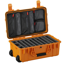 Alt text: Orange 22-inch hard case for storing up to seven pistols, featuring foam cutouts for handguns and mesh compartments in the lid for accessories, equipped with sturdy handles and wheels for easy mobility.