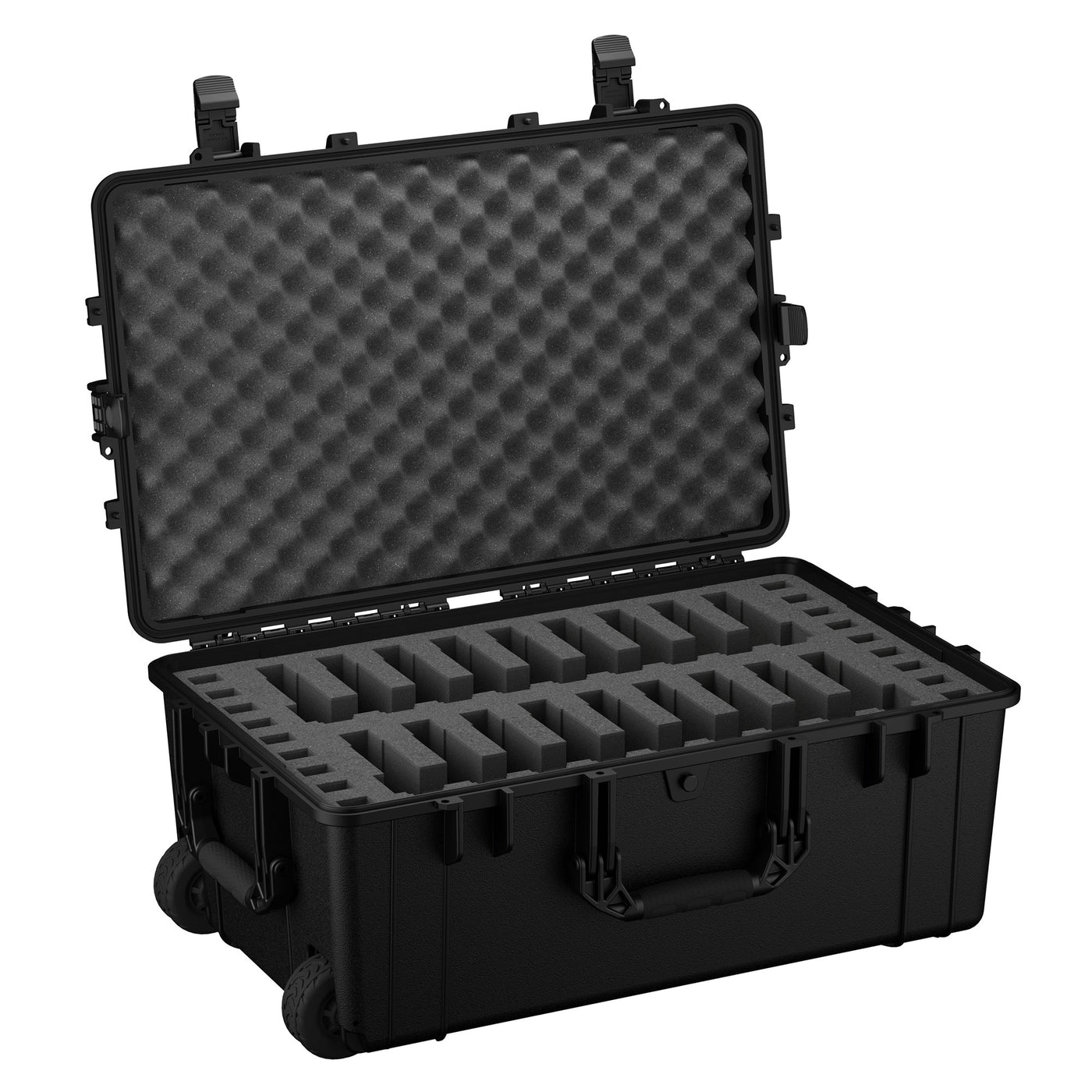 Alt text: "Black 31-inch hard pistol case, model #1258, featuring a customizable foam insert for 18 pistols, durable latches, and a rugged handle, displayed open to show the interior layout."