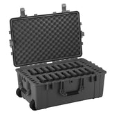 Alt Text: "Durable 31-inch gray pistol case model #1258, open to display foam cutouts for 18 pistols, featuring sturdy latches and roller wheels for portability."