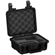 Alt text: "Black 11-inch single pistol case, model #184, open to show protective foam interior and custom cutouts for secure storage of firearm, featuring dual locking latches."