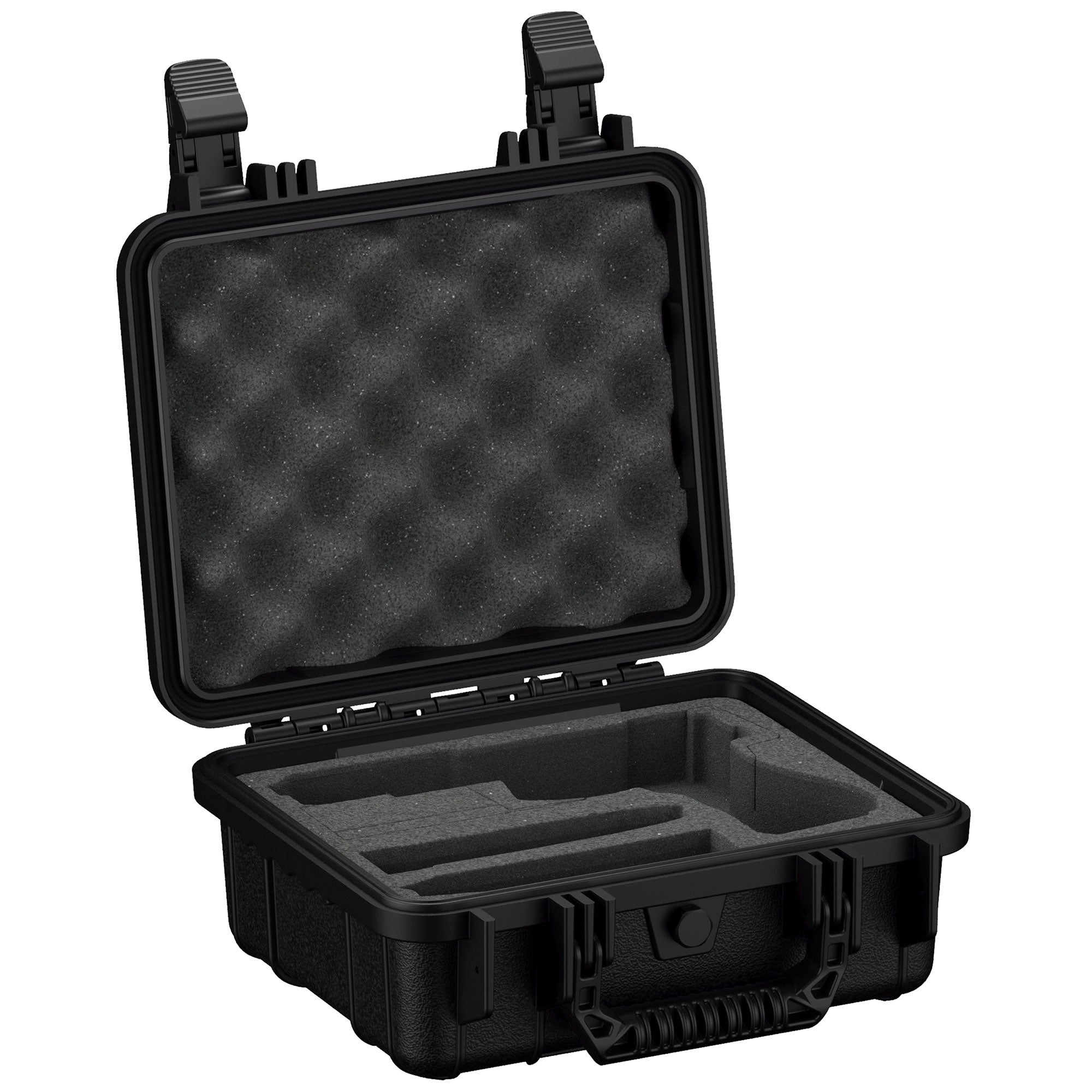 Alt text: "Black 11-inch single pistol case, model #184, open to show protective foam interior and custom cutouts for secure storage of firearm, featuring dual locking latches."