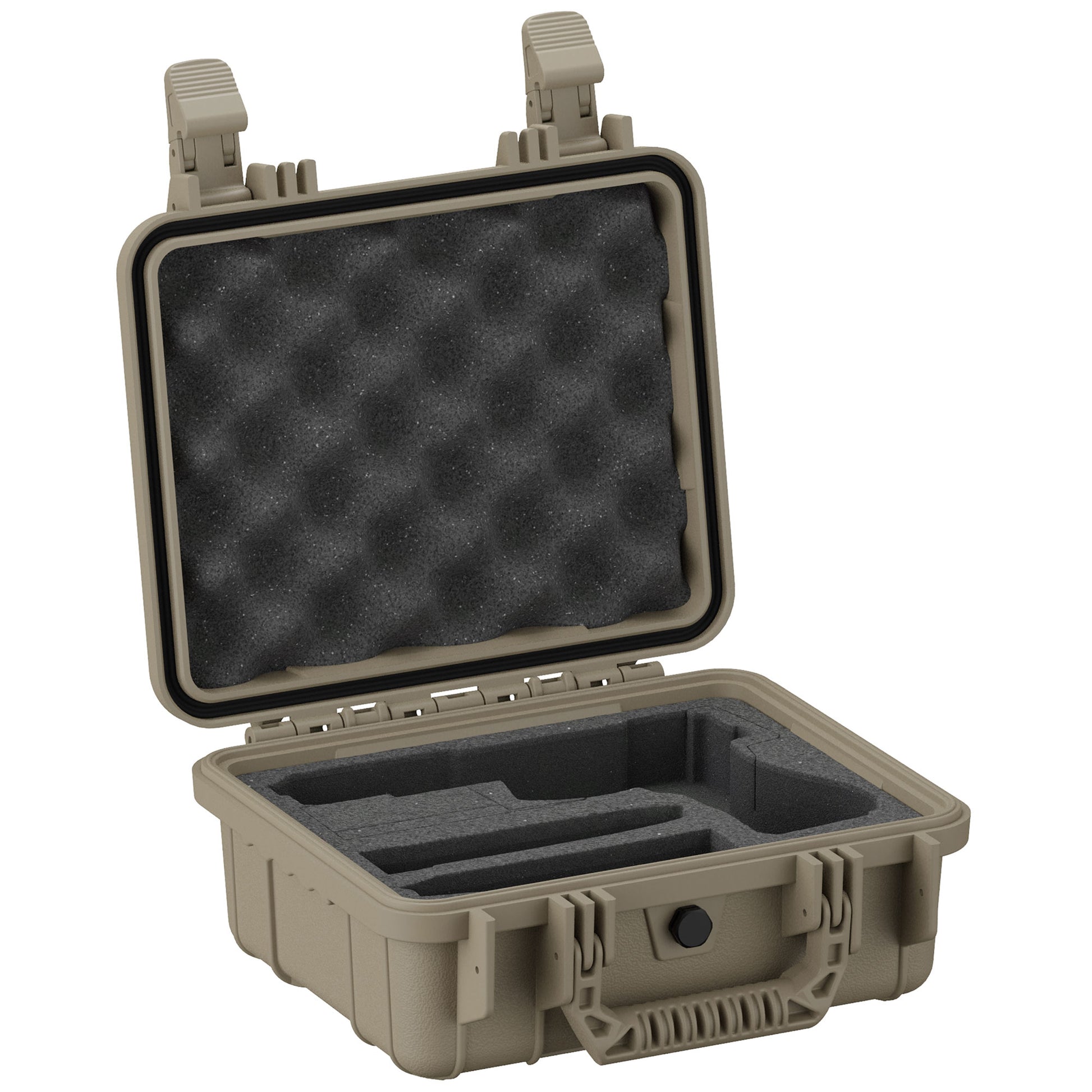 Alt text: "11 inch single pistol case, model #184, open to display its foam-lined interior, equipped with precise cutouts for secure firearm storage, finished in a rugged tan exterior, designed for durability and protection."