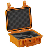 Alt text: "Orange 11-inch single pistol case with foam interior, shown open with customizable foam inserts and dual latch closure."