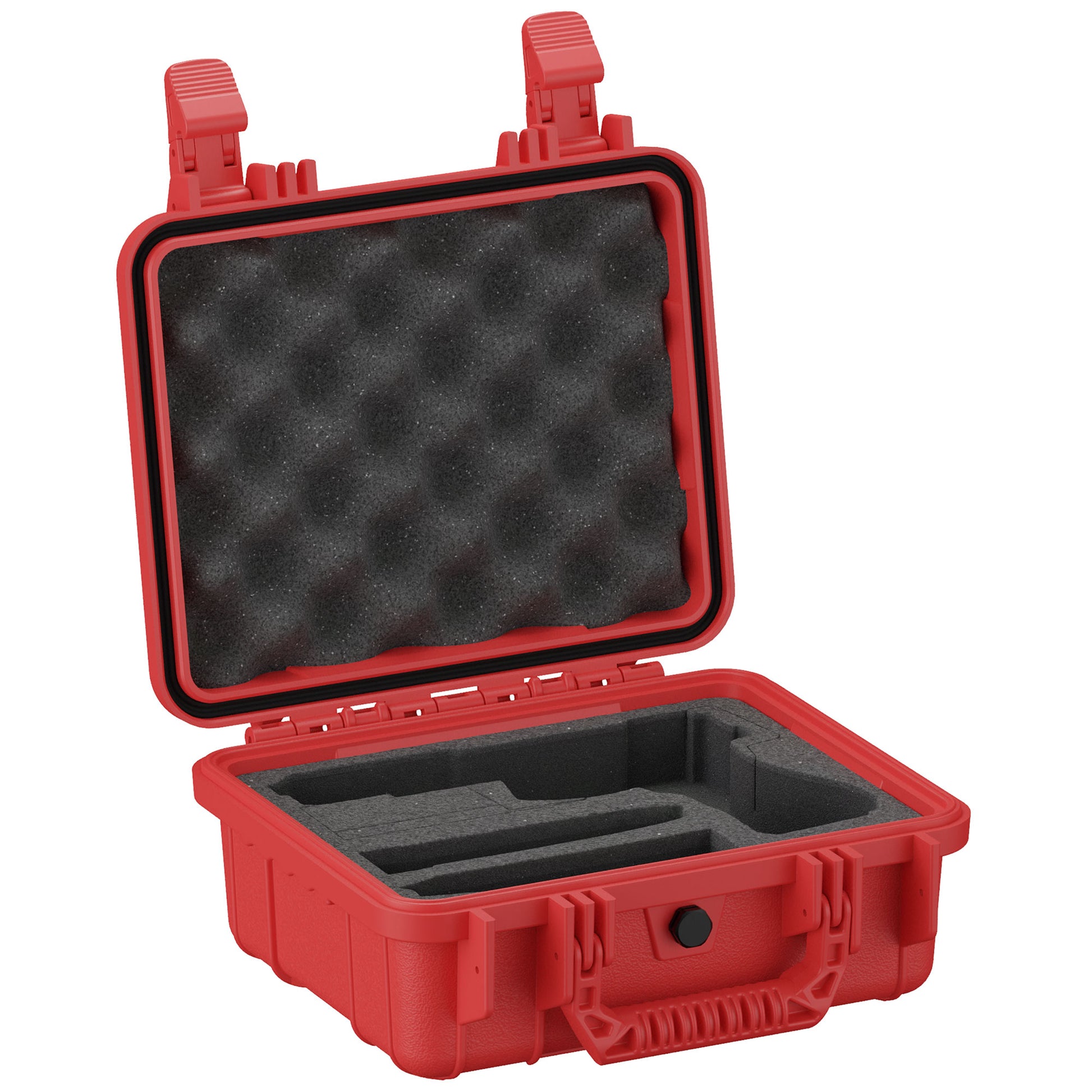 Alt text: "Red 11-inch single pistol hard case with foam interior, open and showing protective cushioning, designed for secure handgun storage and transport."