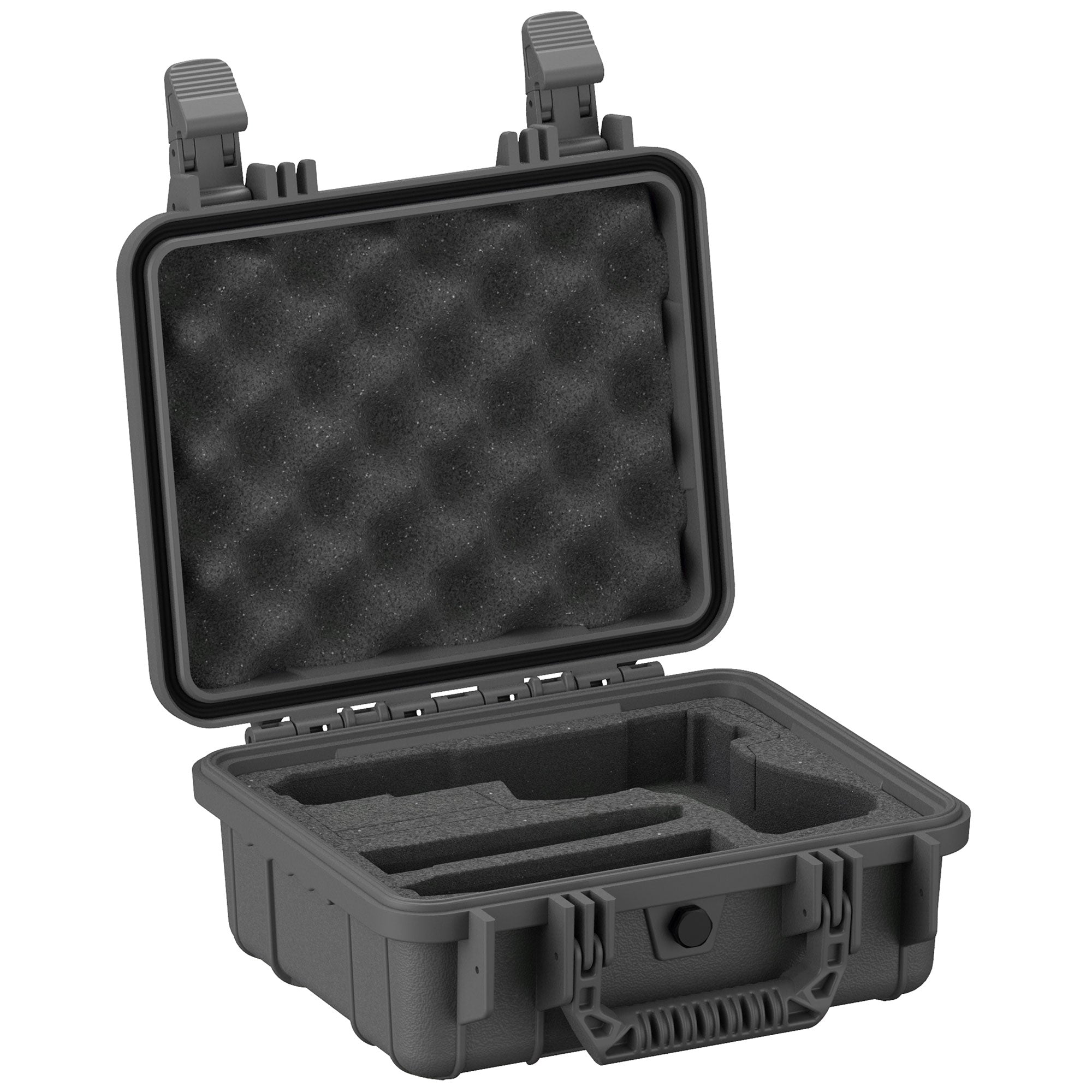 Alt text: "Open 11-inch single pistol case, model #184, featuring rugged black plastic exterior, sturdy latches, and foam-lined interior with a custom gun-shaped cutout to securely hold a pistol."