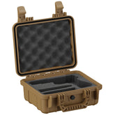 Alt text: "Durable 11-inch single pistol case in tan with open design showing foam interior and secure latches, ideal for firearm protection and storage."