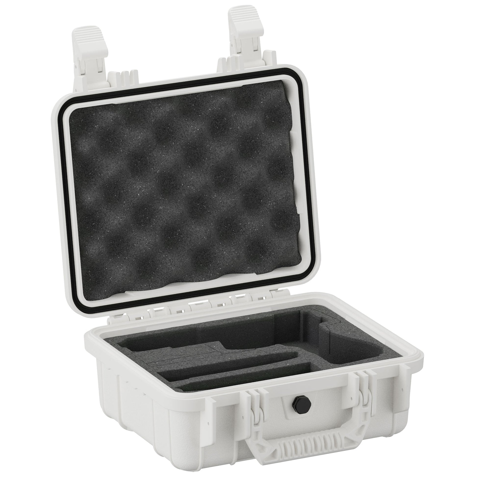Alt text: White 11-inch single pistol case, model #184, open with foam interior and secure latches visible, designed for firearm protection and storage.