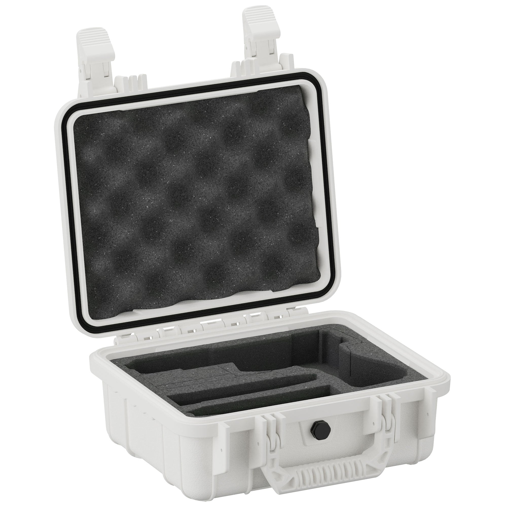 Alt text: White 11-inch single pistol case, model #184, open with foam interior and secure latches visible, designed for firearm protection and storage.