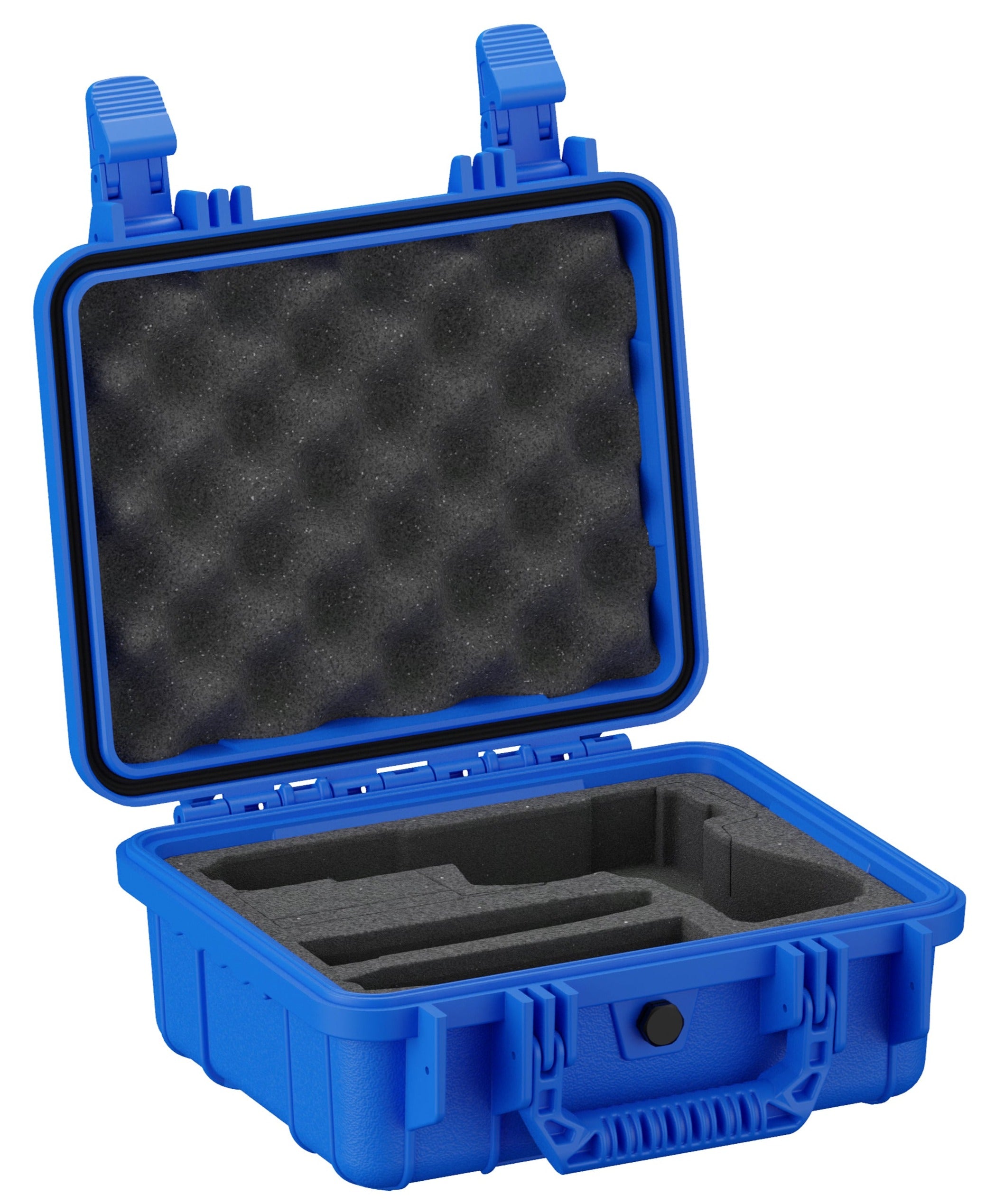 Alt text: Open vibrant blue single pistol case, model #184, showing foam interior for secure storage, with sturdy latches and durable handle visible. Perfect for firearm safety and protection.