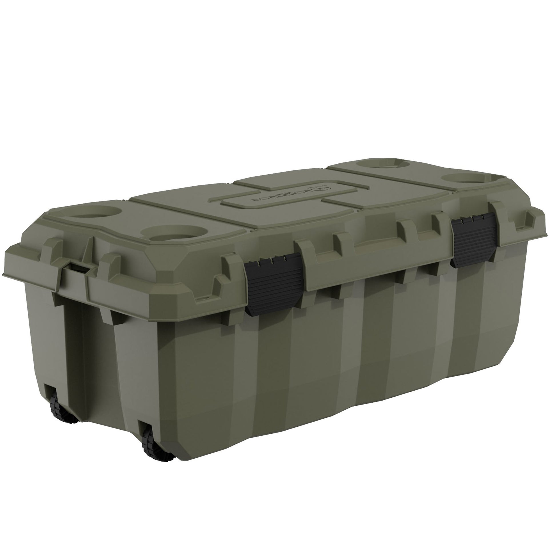 Alt text: "Olive green 38-inch Sportsman Trunk featuring rugged plastic construction, black reinforced locking latches, and wheels for easy mobility."