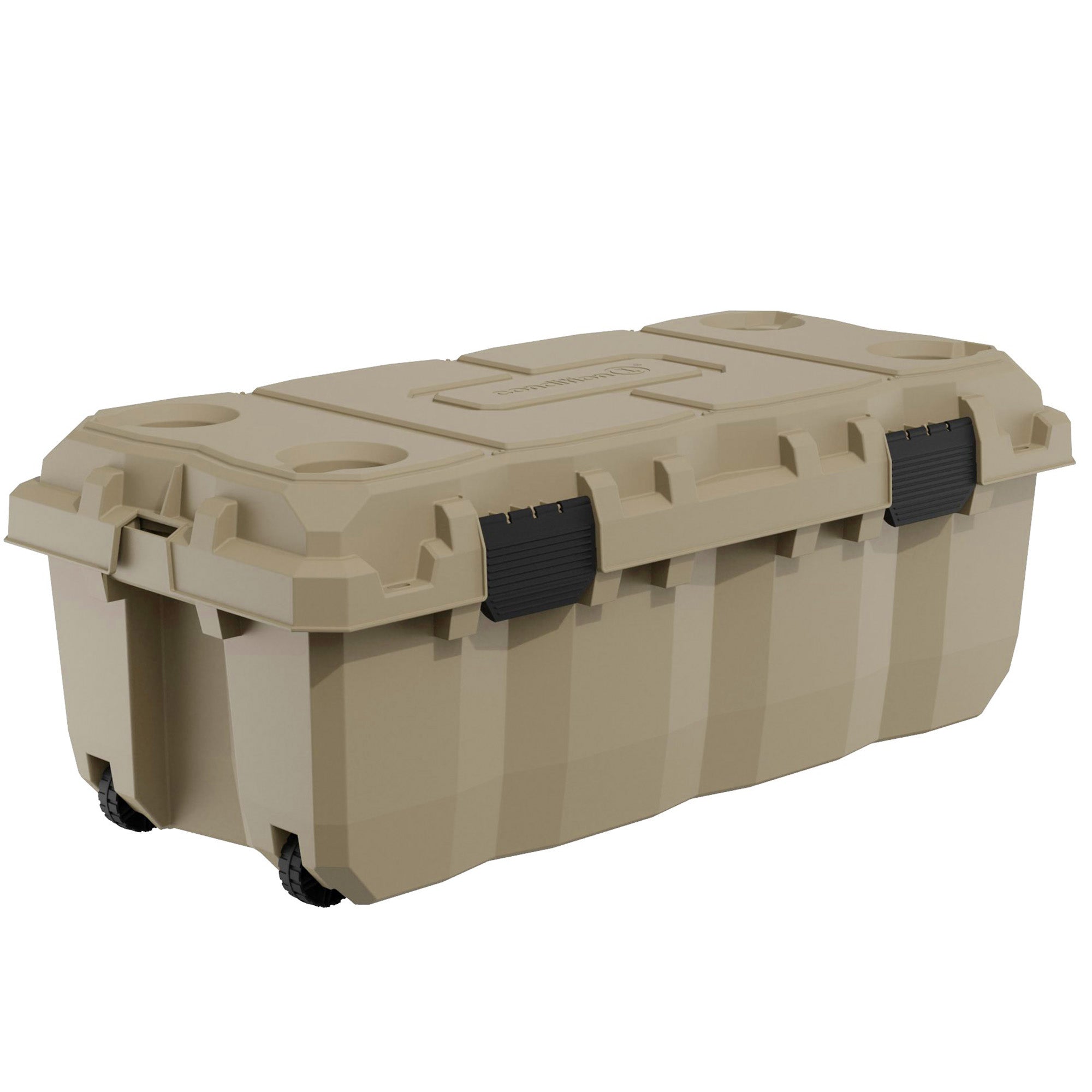 Alt text: "38-inch tan Sportsman Trunk featuring robust handles and wheel system for easy mobility, ideal for storage and transportation needs."