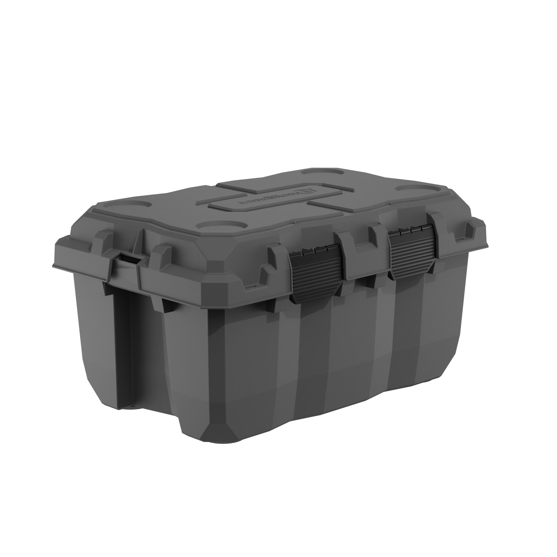 Alt text: "28 inch Sportsman Trunk in dark gray with reinforced lid and sturdy black locking handles, ideal for rugged outdoor use."