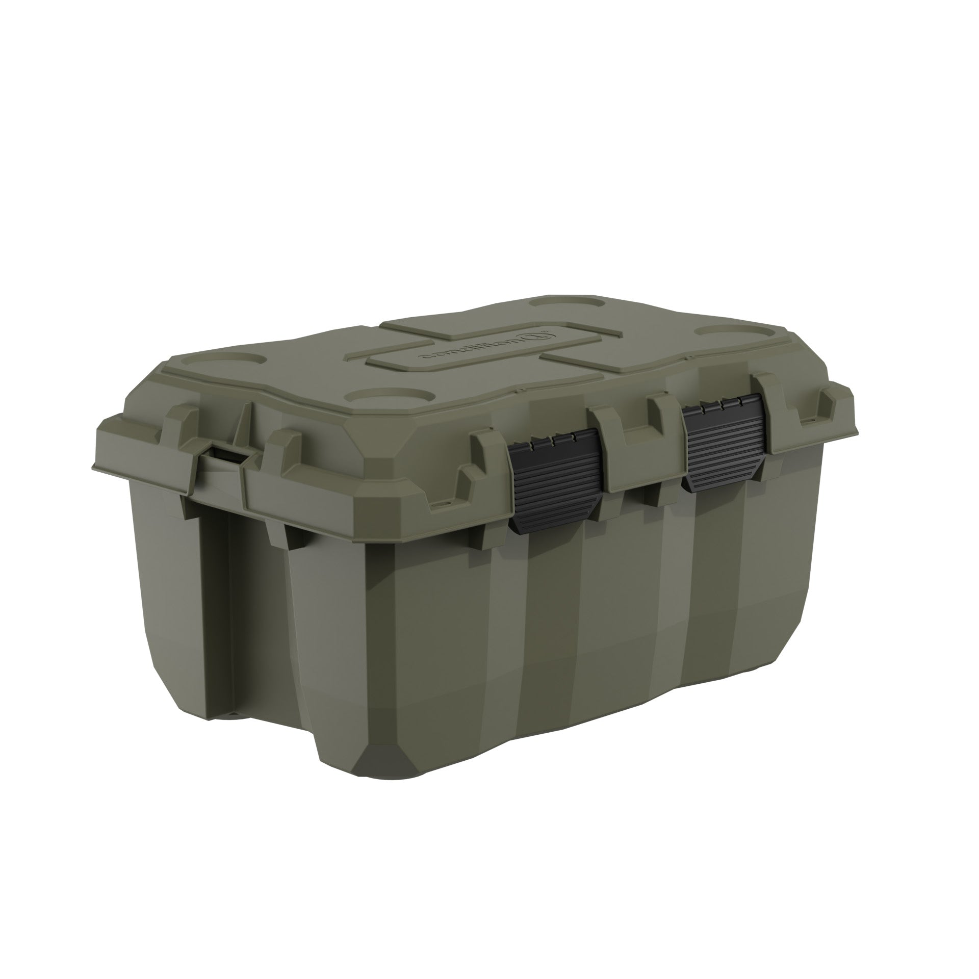 Alt text: "Olive green 28-inch Sportsman Trunk with sturdy black handles and lockable design, ideal for secure storage of outdoor gear."