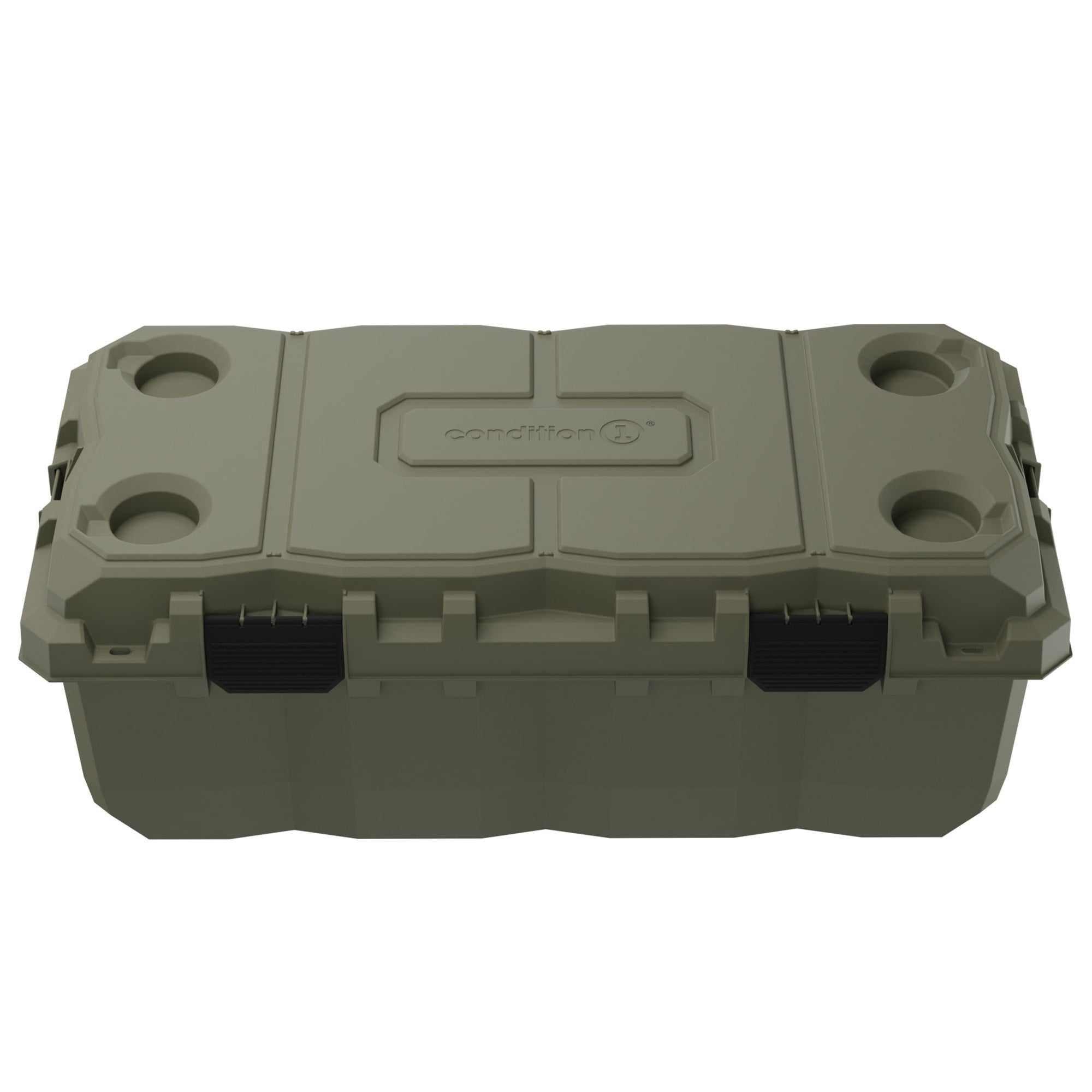 Alt text: Olive green 38" Sportsman Trunk featuring durable plastic construction with reinforced lid, secure black handles, and integrated cup holders, suitable for storage and outdoor use.