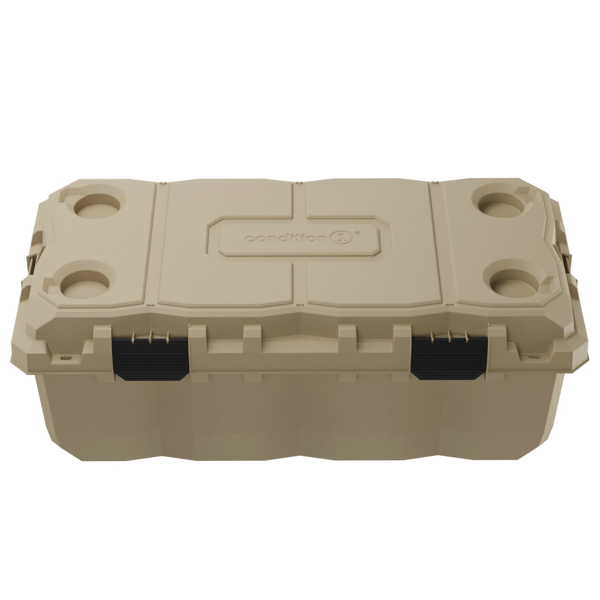 Alt text: Beige 38-inch Sportsman Trunk featuring durable construction with reinforced lid, two side handles, and black locking handles for secure storage.