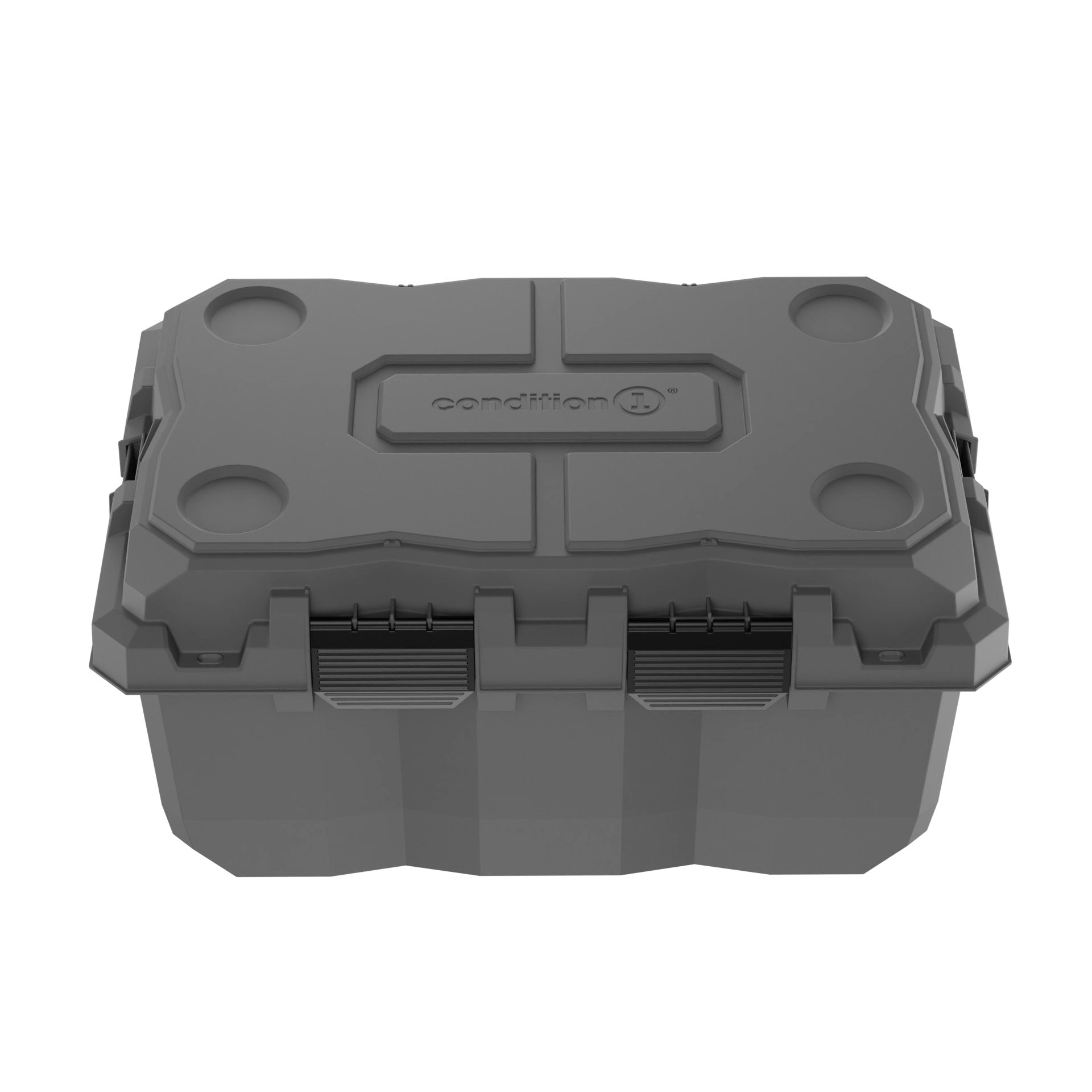 Alt text: "28-inch Sportsman Trunk in gray color featuring a robust design with contoured exterior, heavy duty latches, and embossed logo on the lid."