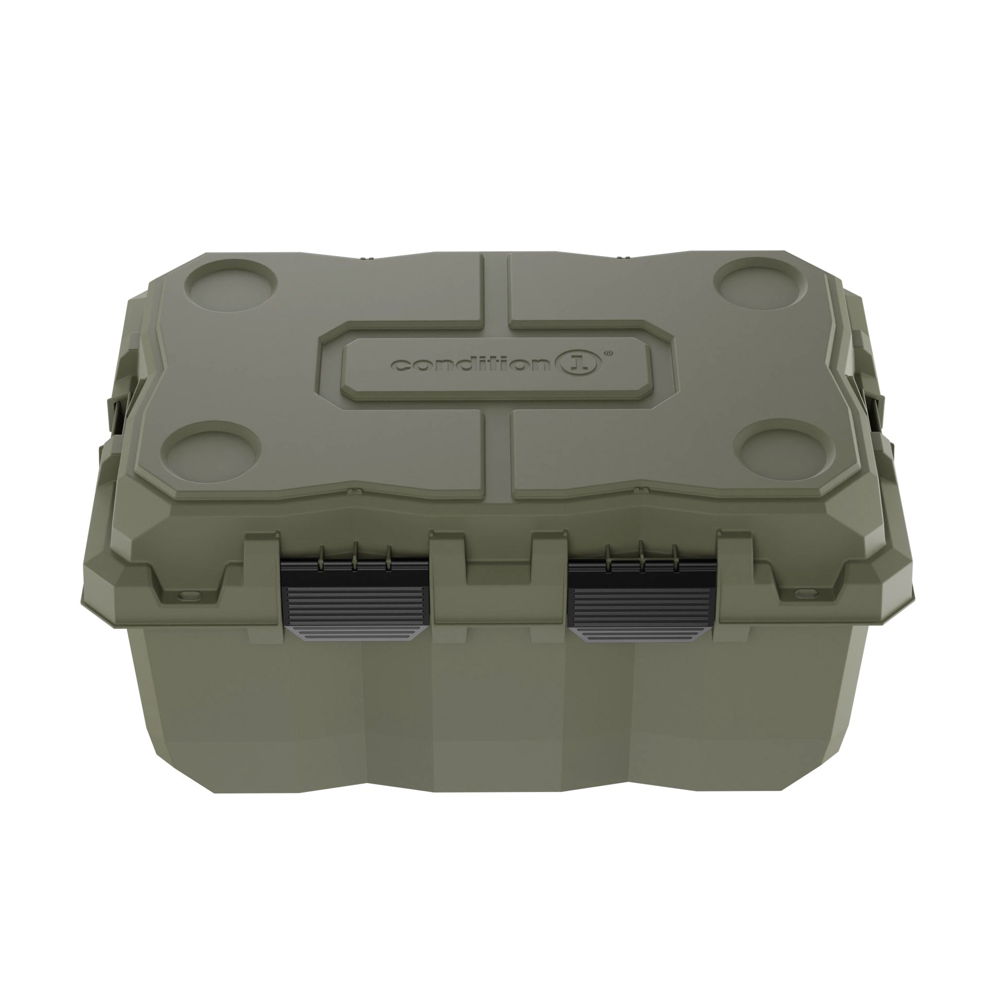 Alt text: "Olive green 28-inch Sportsman Trunk by Condition 1, featuring robust handles and secure latches, ideal for outdoor gear storage and transportation."