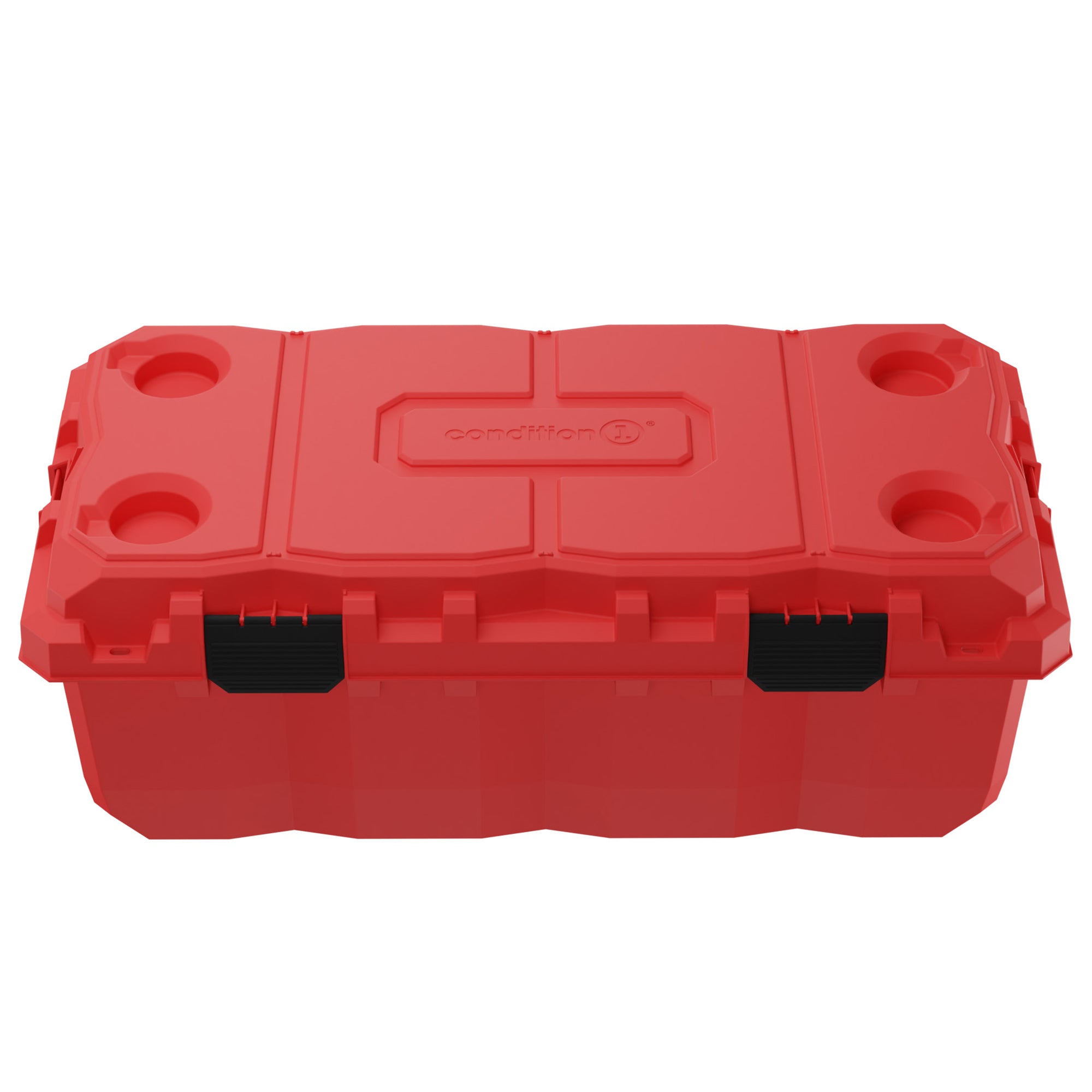 Red 38-inch Sportsman Trunk with rugged design and black handles, featuring side cup holders and a durable closing mechanism.
