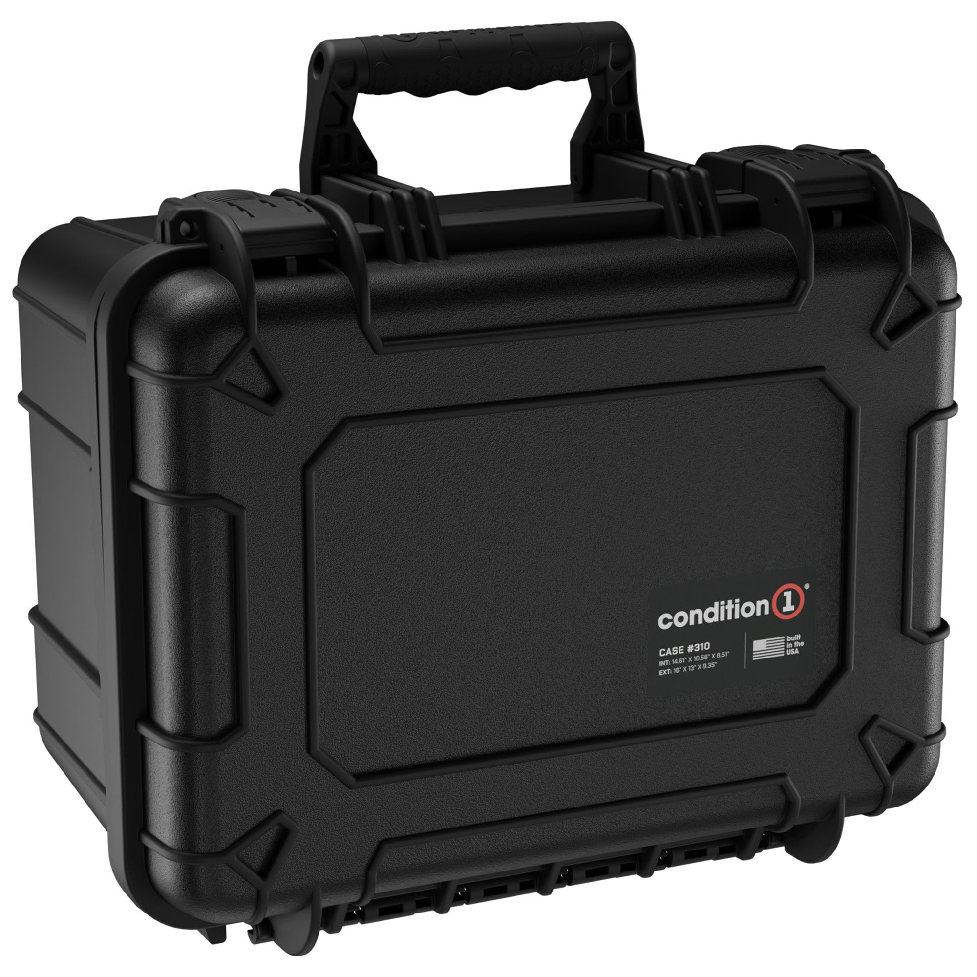Alt text: "Black, rugged Condition 1 protective case model #310, sized 16 inches, designed for storing and transporting three revolvers, featuring a sturdy handle and secure clasps."