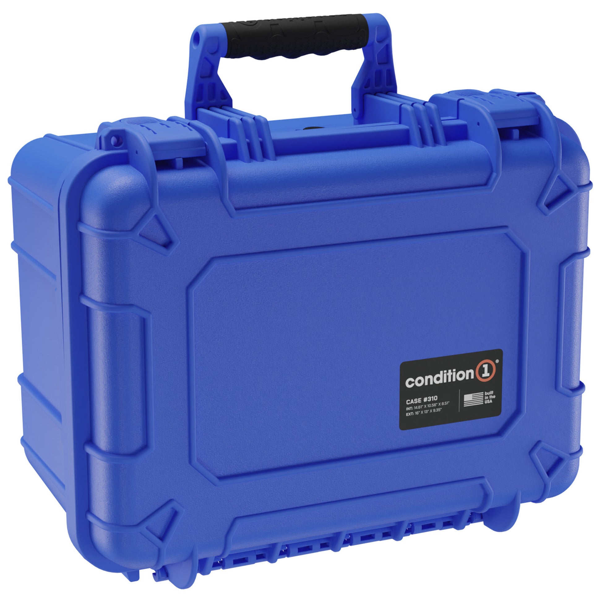 Alt text: "Bright blue durable protective hard case, 16 inches in size, labeled 'Condition 1 Case #310' with robust handle and secure clasps."